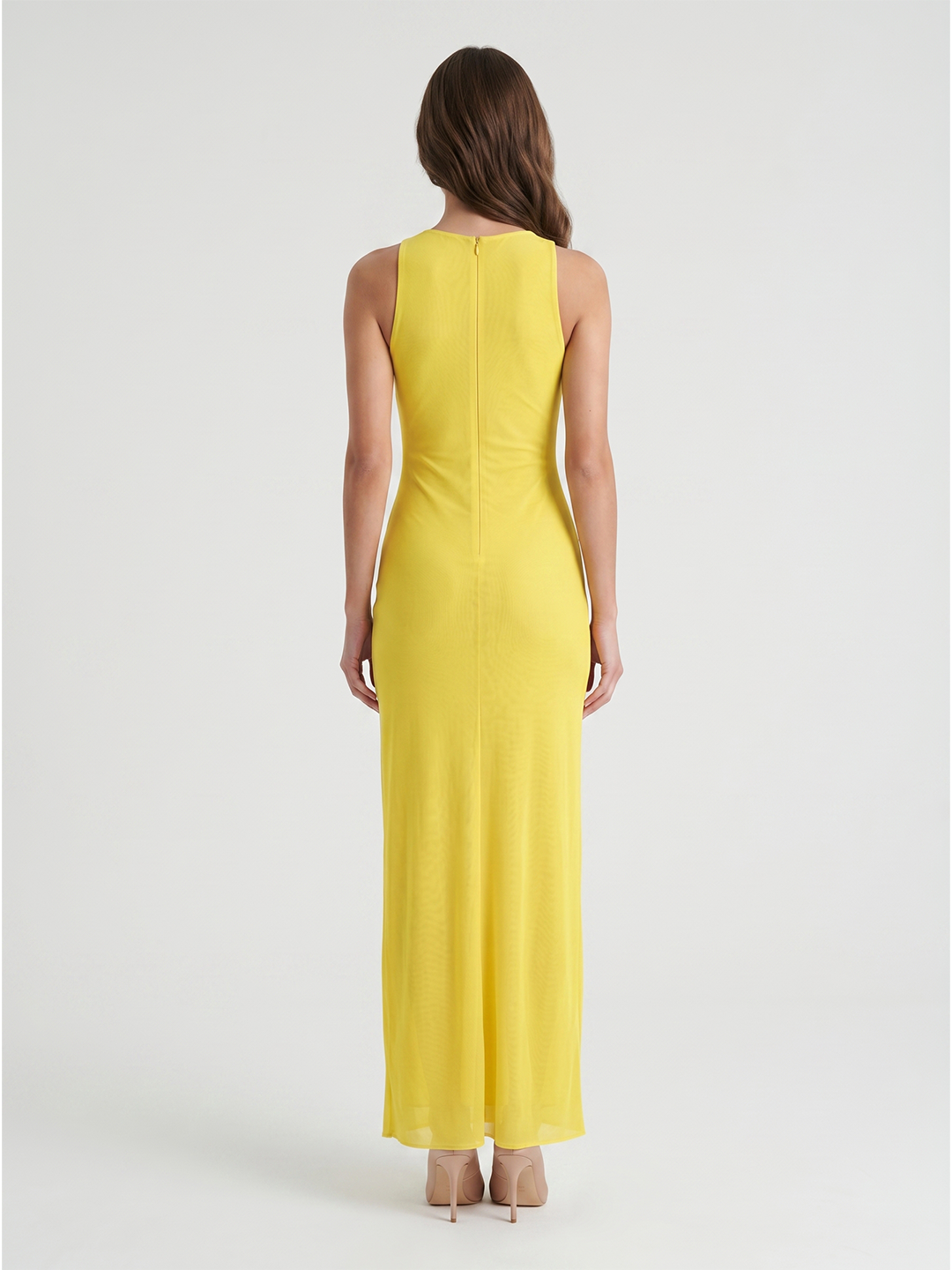 Lemon Tulle Sheath V-Neck Side Zip Floor Bridesmaid Dress with Pleats