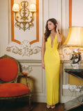 Lemon Tulle Sheath V-Neck Side Zip Floor Bridesmaid Dress with Pleats