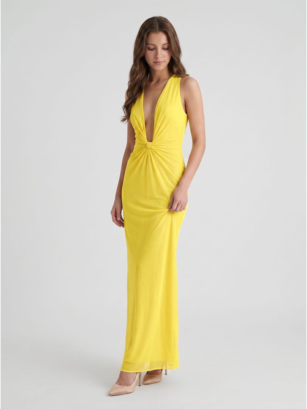 Lemon Tulle Sheath V-Neck Side Zip Floor Bridesmaid Dress with Pleats