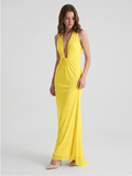 Lemon Tulle Sheath V-Neck Side Zip Floor Bridesmaid Dress with Pleats