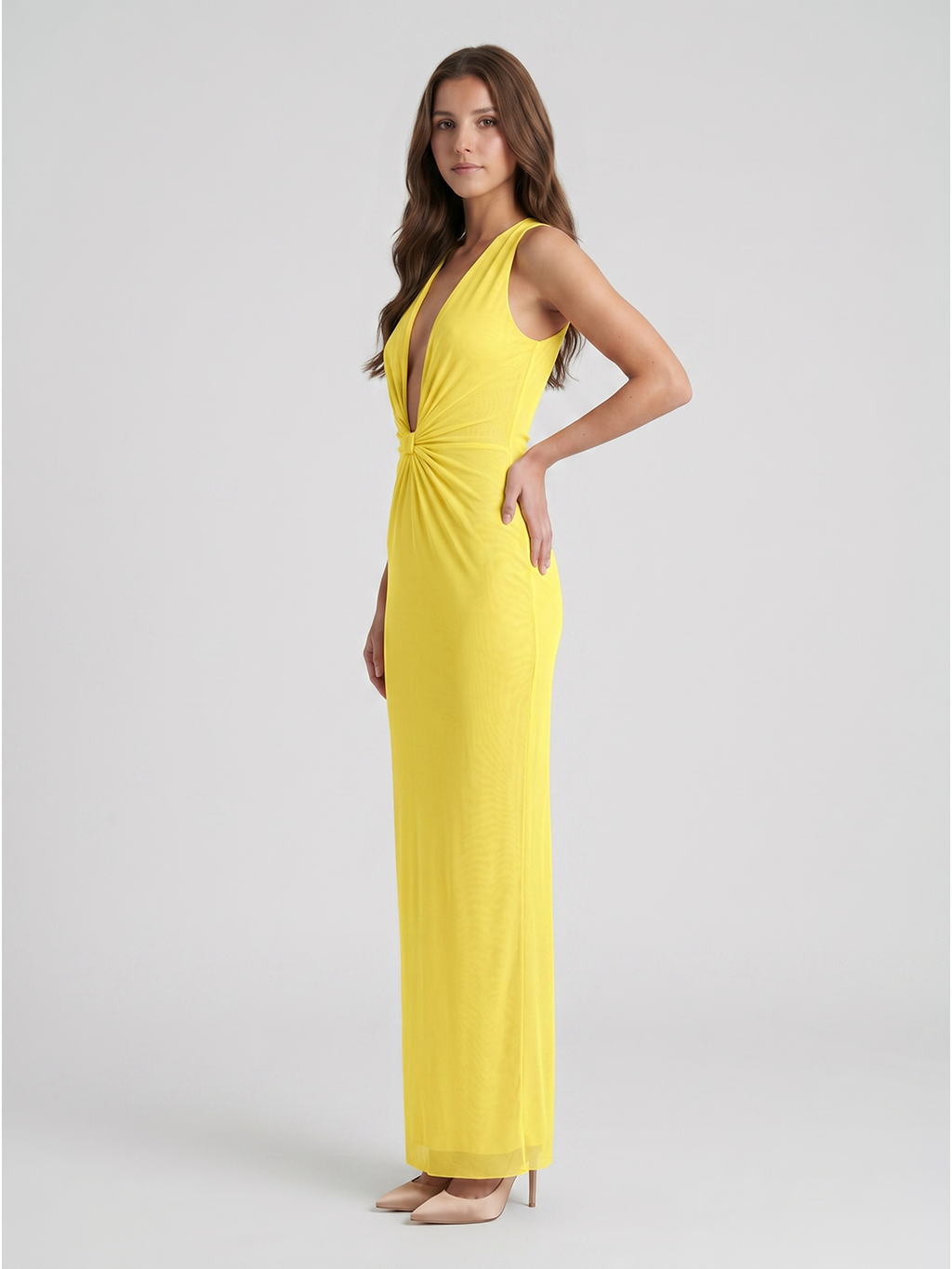 Lemon Tulle Sheath V-Neck Side Zip Floor Bridesmaid Dress with Pleats