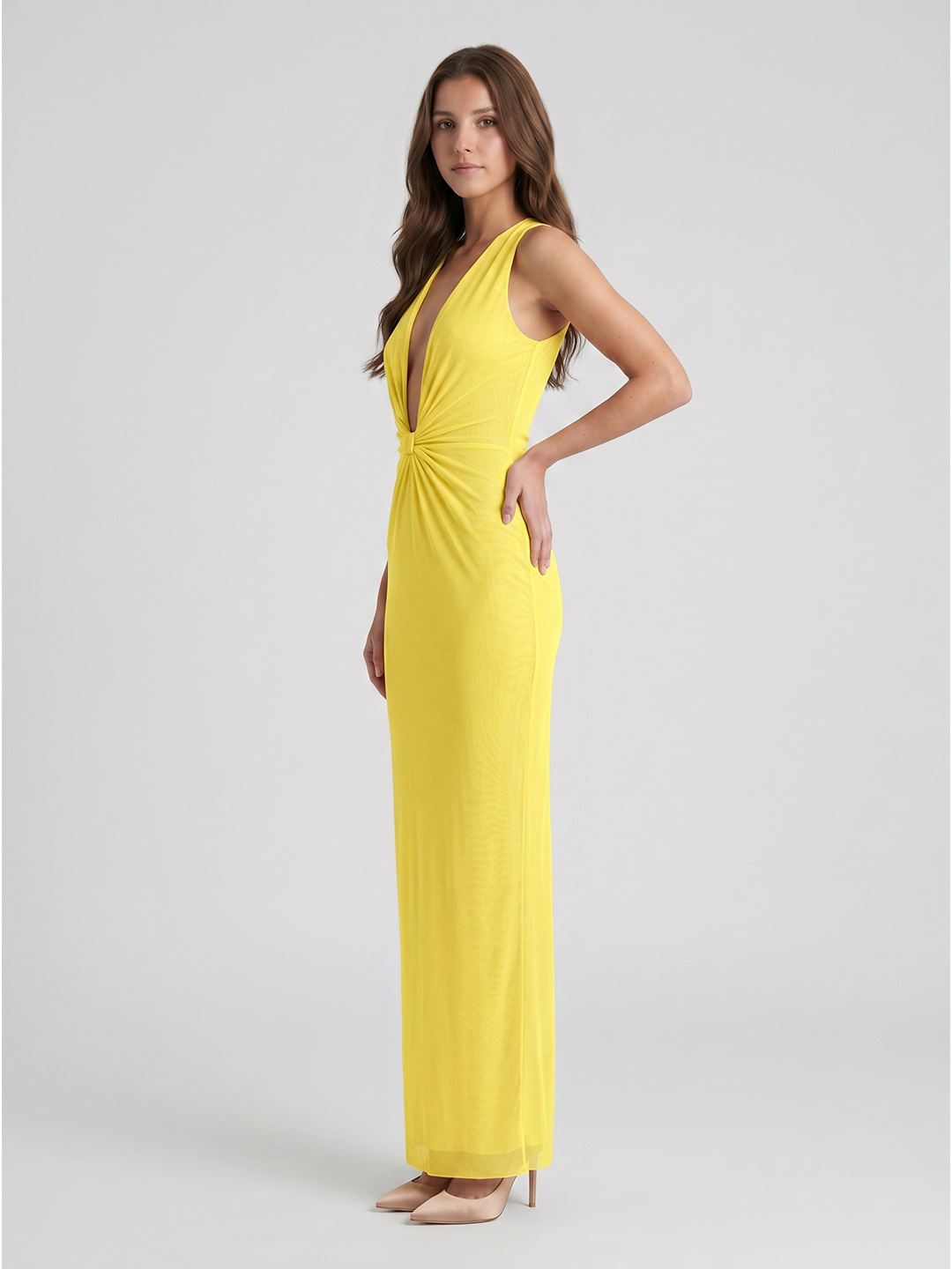 Lemon Tulle Sheath V-Neck Side Zip Floor Bridesmaid Dress with Pleats