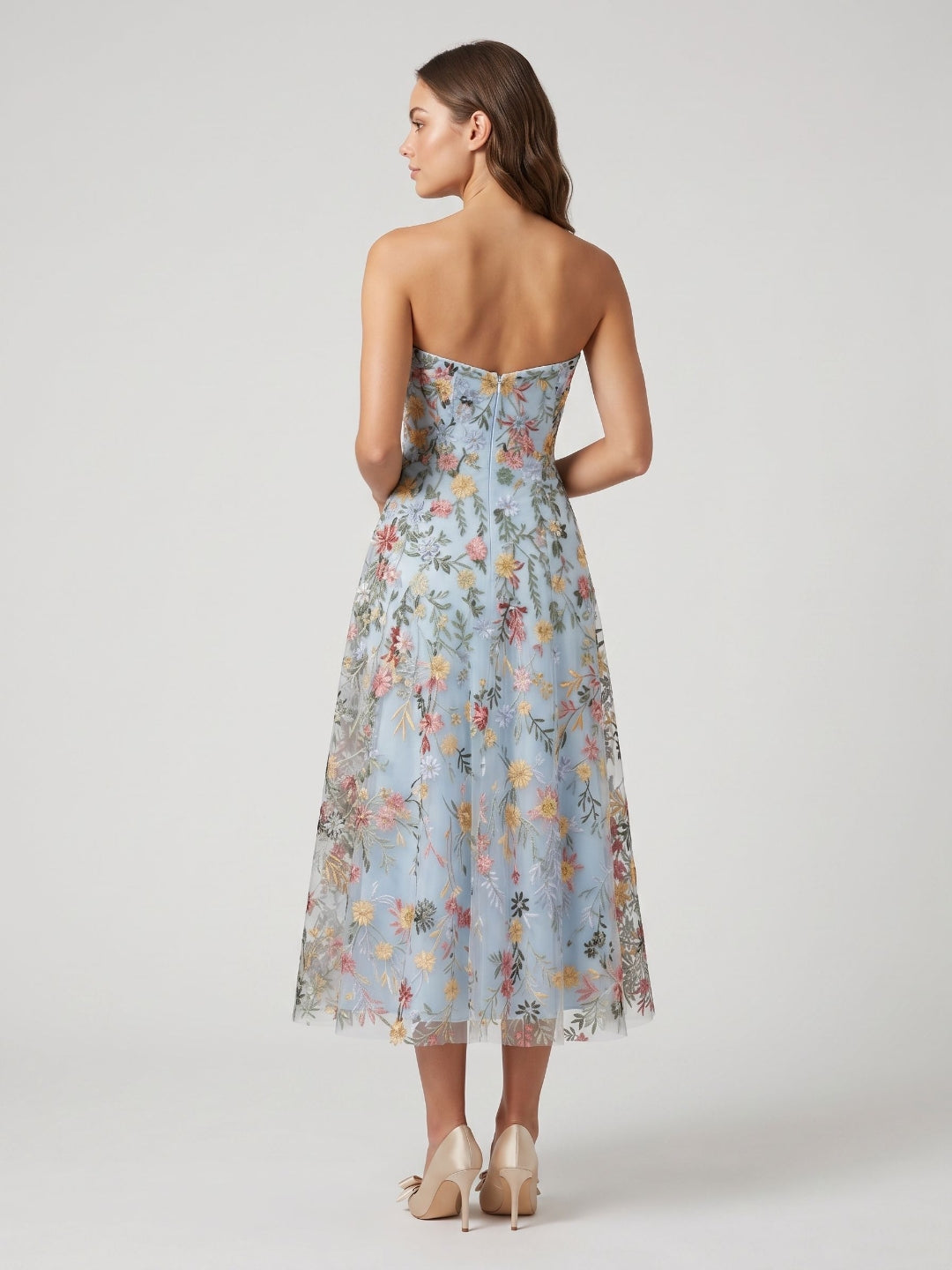 Mauve Floral Tulle A-Line Sweetheart Zipper Back Midi Dress