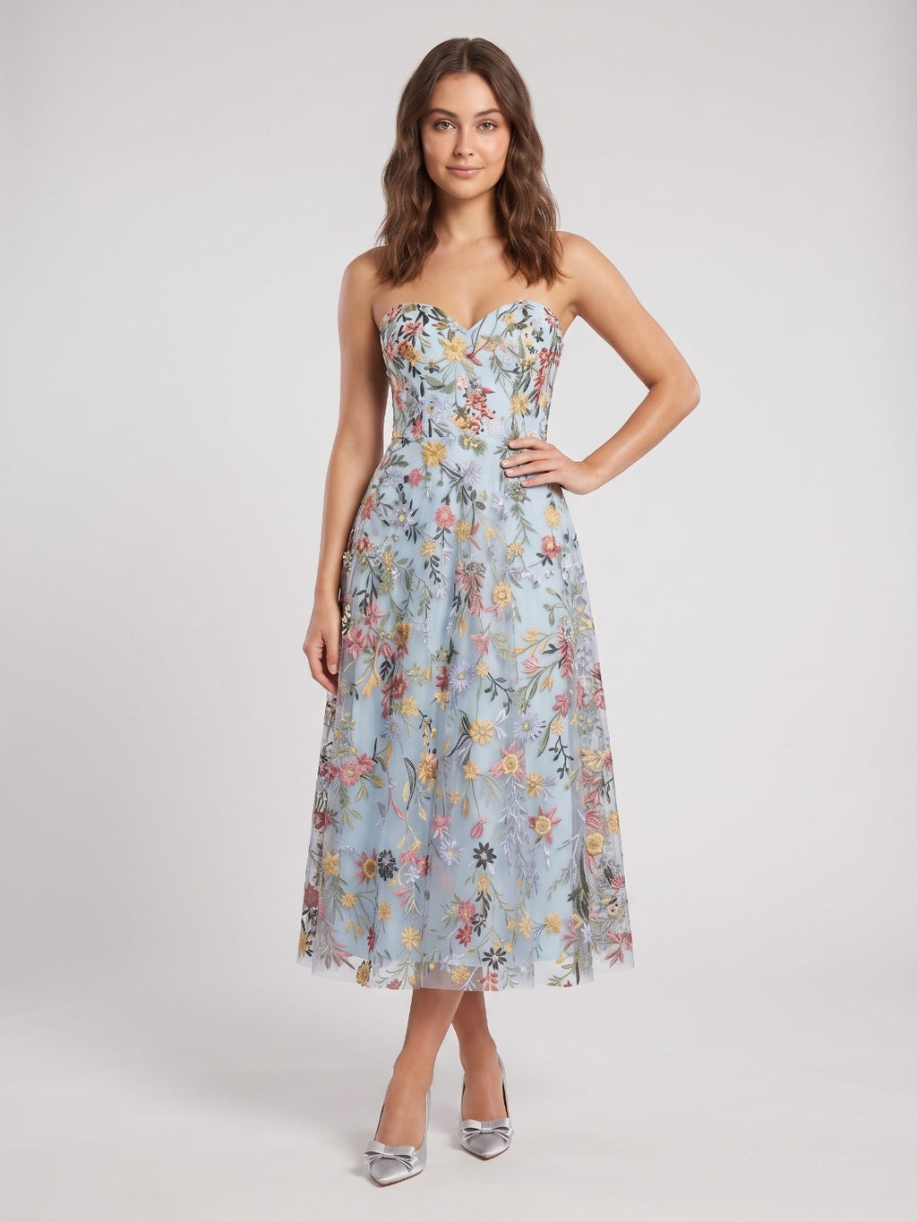 Mauve Floral Tulle A-Line Sweetheart Zipper Back Midi Dress