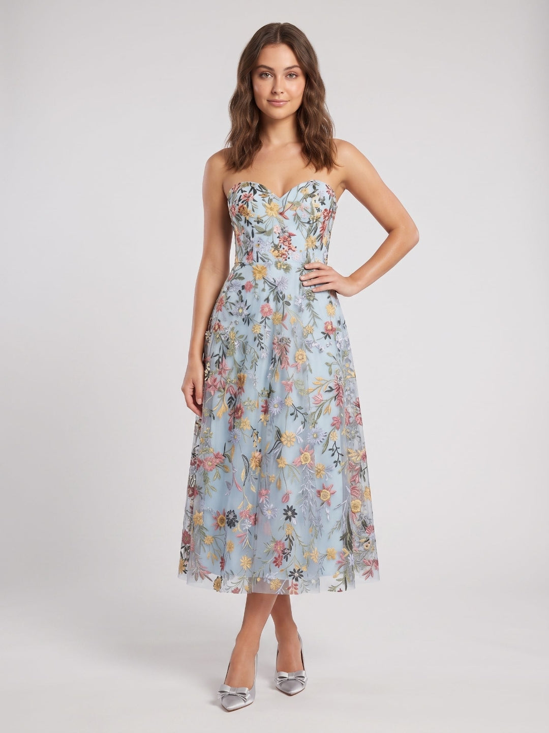 Mauve Floral Tulle A-Line Sweetheart Zipper Back Midi Dress
