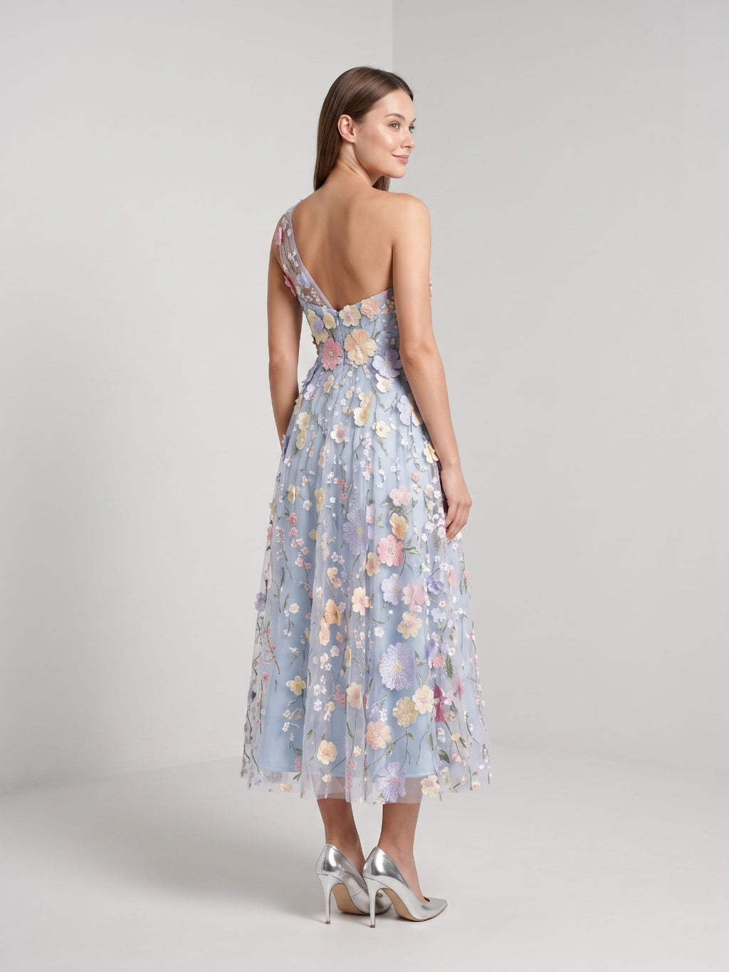 Sky Blue with Pastel Flowers Mesh Tulle A-Line One Shoulder Midi Dress