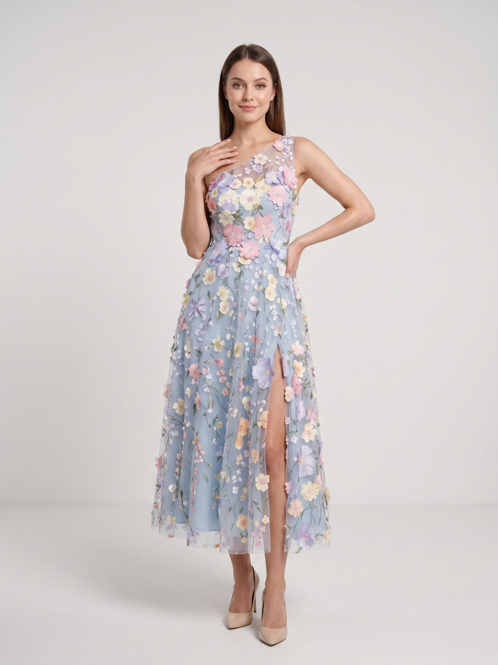 Sky Blue with Pastel Flowers Mesh Tulle A-Line One Shoulder Midi Dress