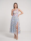 Sky Blue with Pastel Flowers Mesh Tulle A-Line One Shoulder Midi Dress