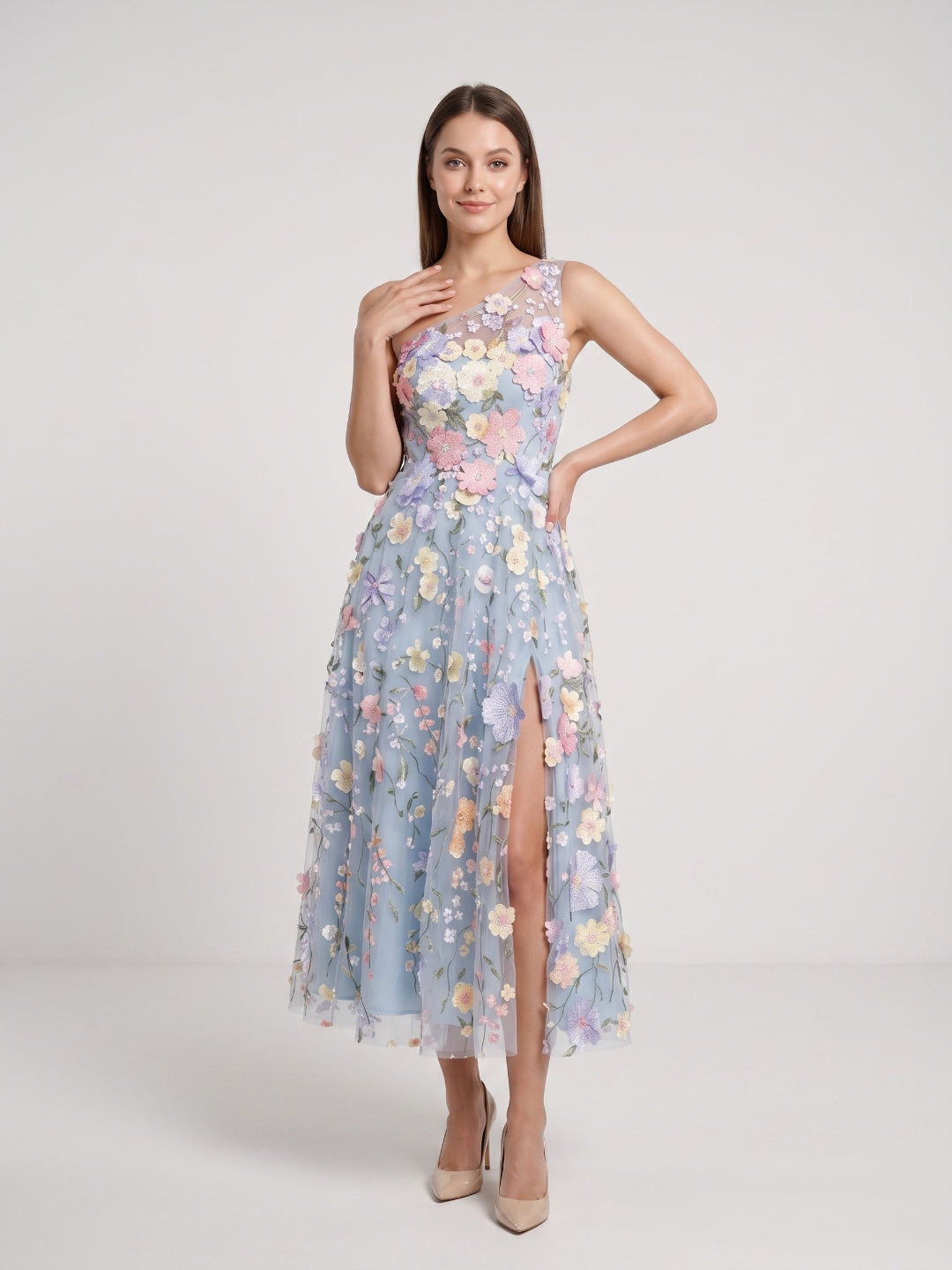 Sky Blue with Pastel Flowers Mesh Tulle A-Line One Shoulder Midi Dress