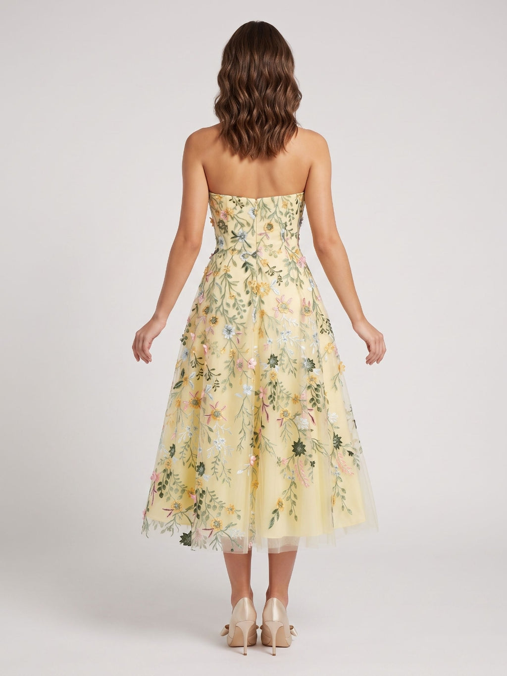 Mauve Floral Tulle A-Line Sweetheart Zipper Back Midi Dress