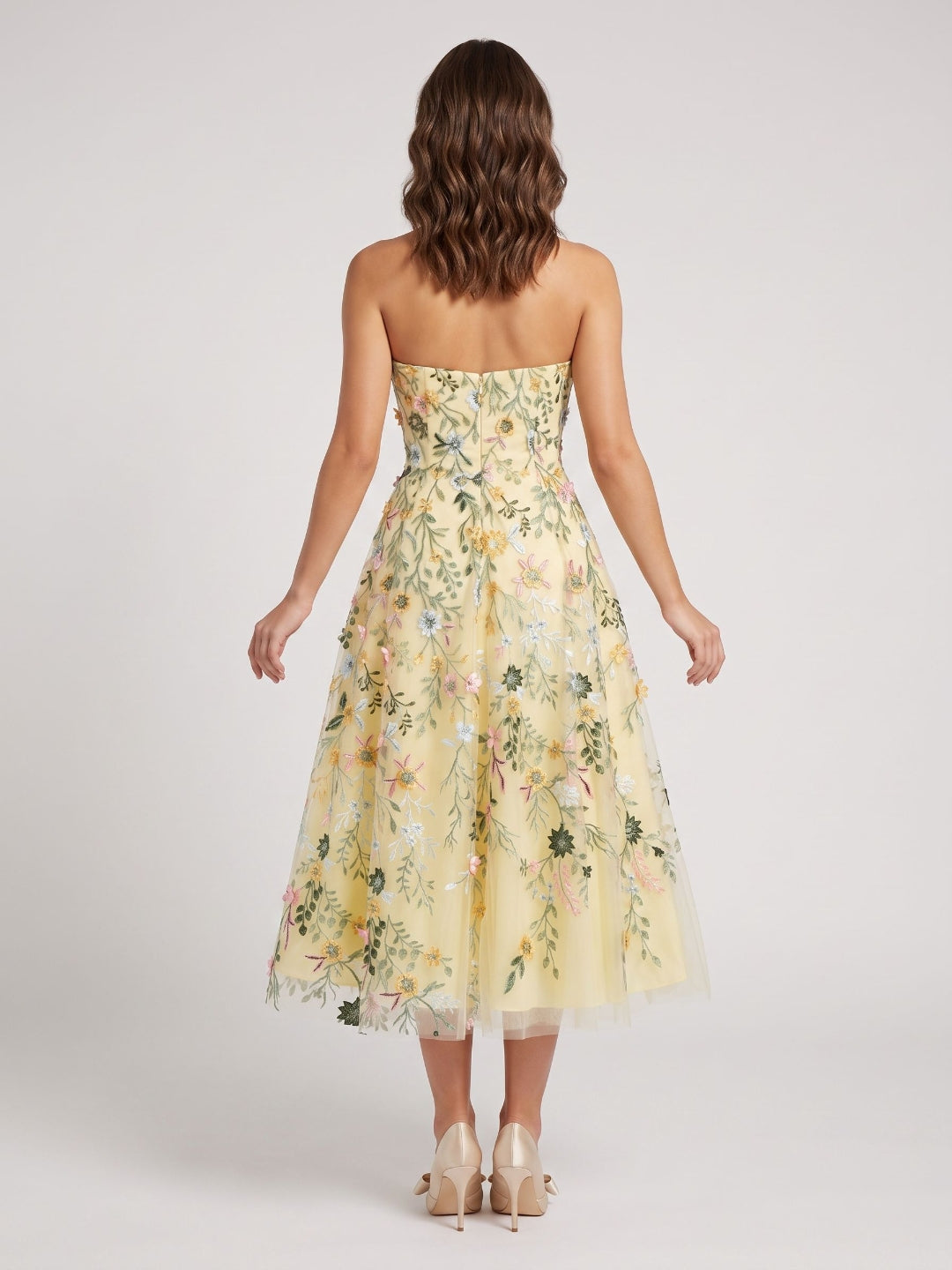 Mauve Floral Tulle A-Line Sweetheart Zipper Back Midi Dress