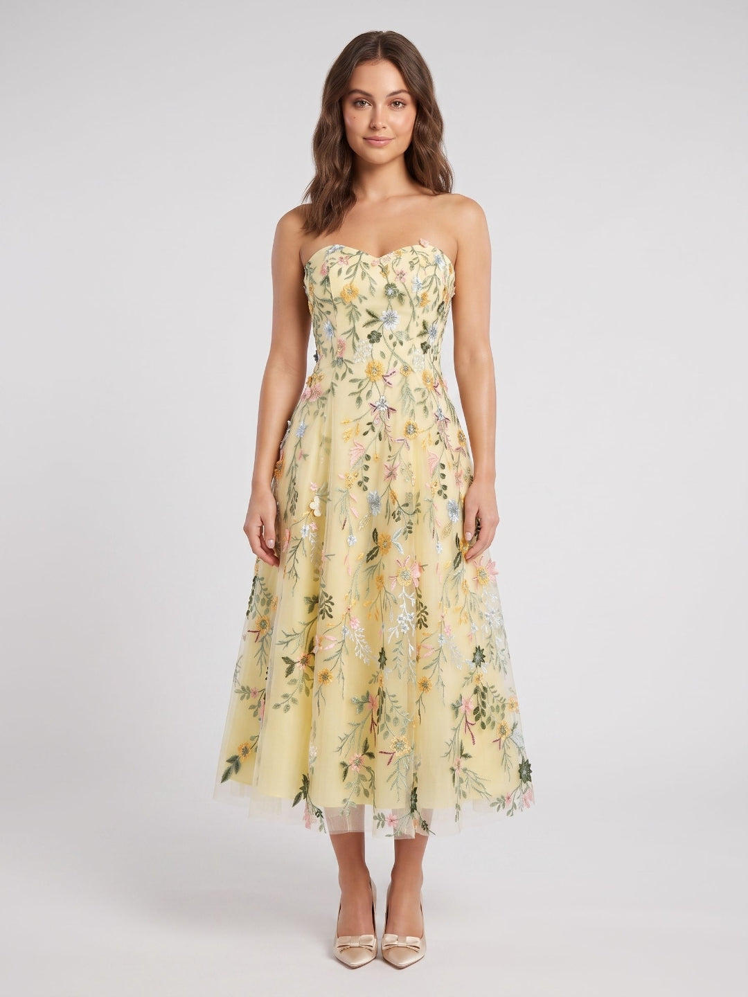 Mauve Floral Tulle A-Line Sweetheart Zipper Back Midi Dress