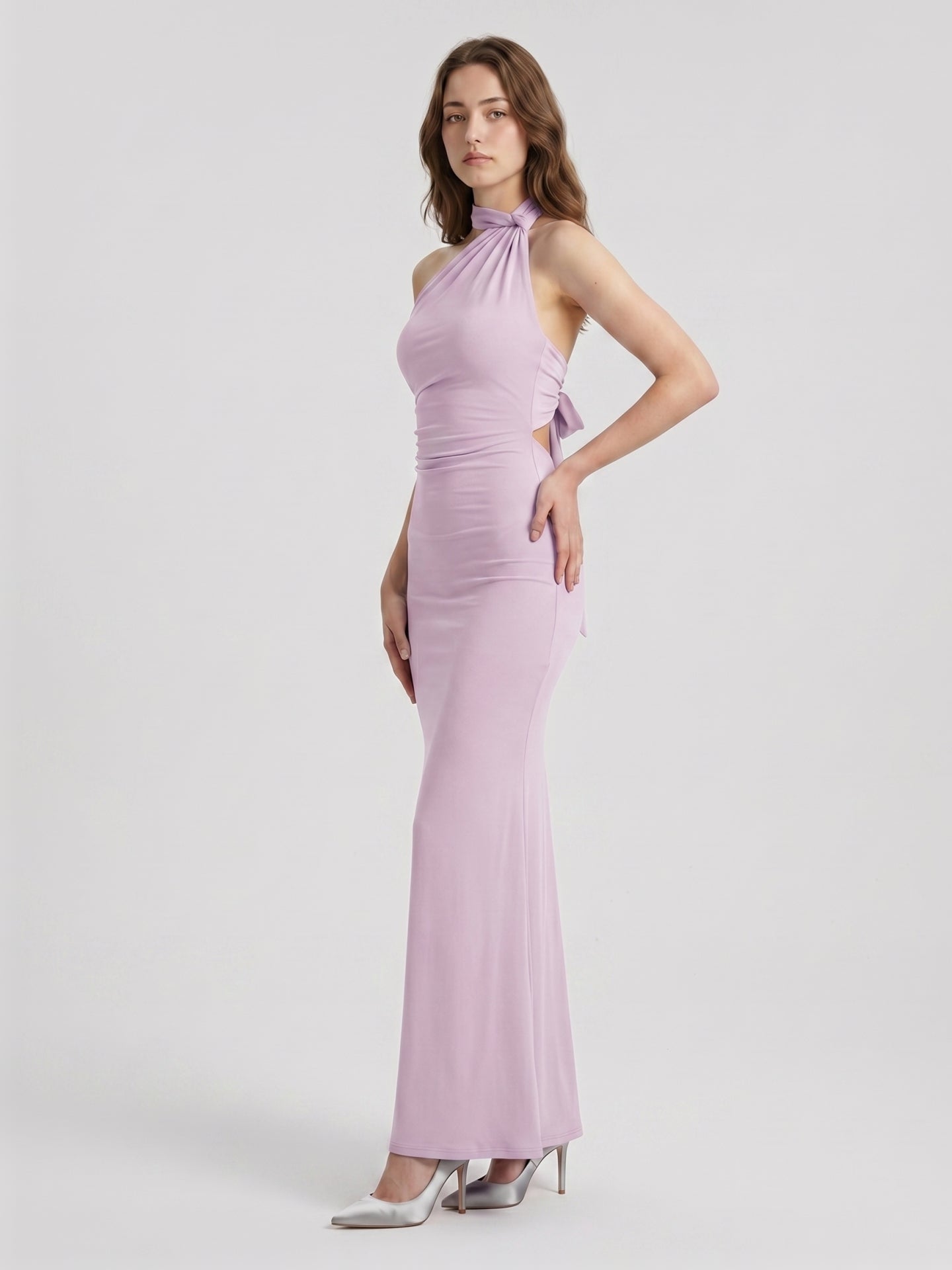 Lilac Matte Satin Mermaid Halter Neckline Backless Floor-Length Bridesmaid Dress with Bow