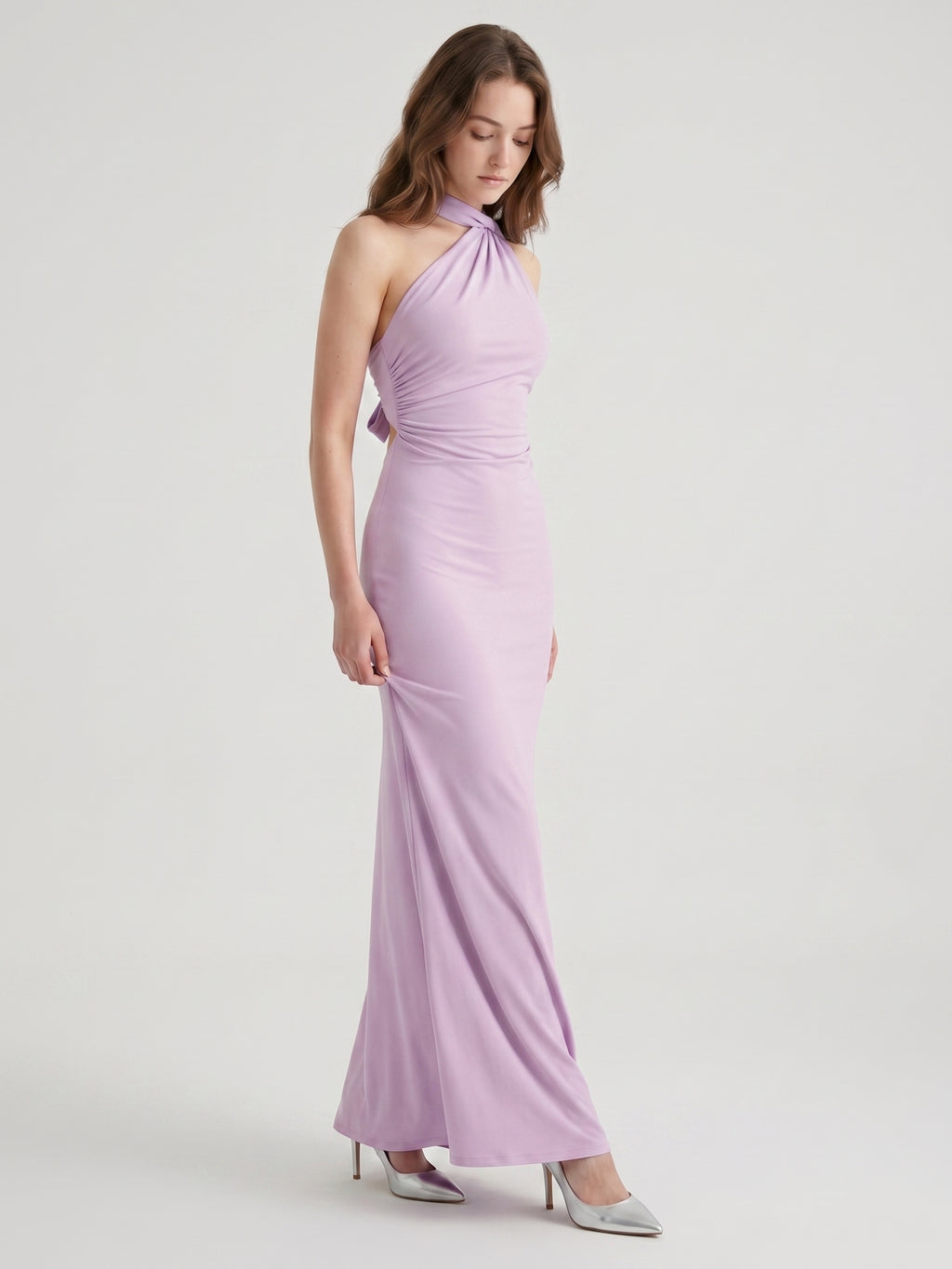 Lilac Matte Satin Mermaid Halter Neckline Backless Floor-Length Bridesmaid Dress with Bow