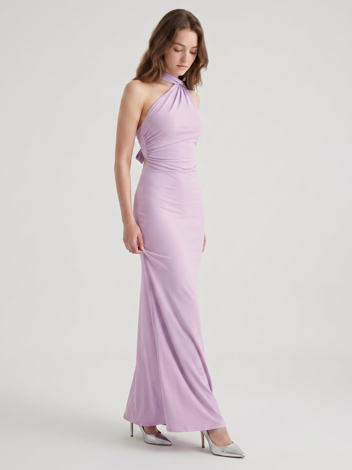 Lilac Matte Satin Mermaid Halter Neckline Backless Floor-Length Bridesmaid Dress with Bow