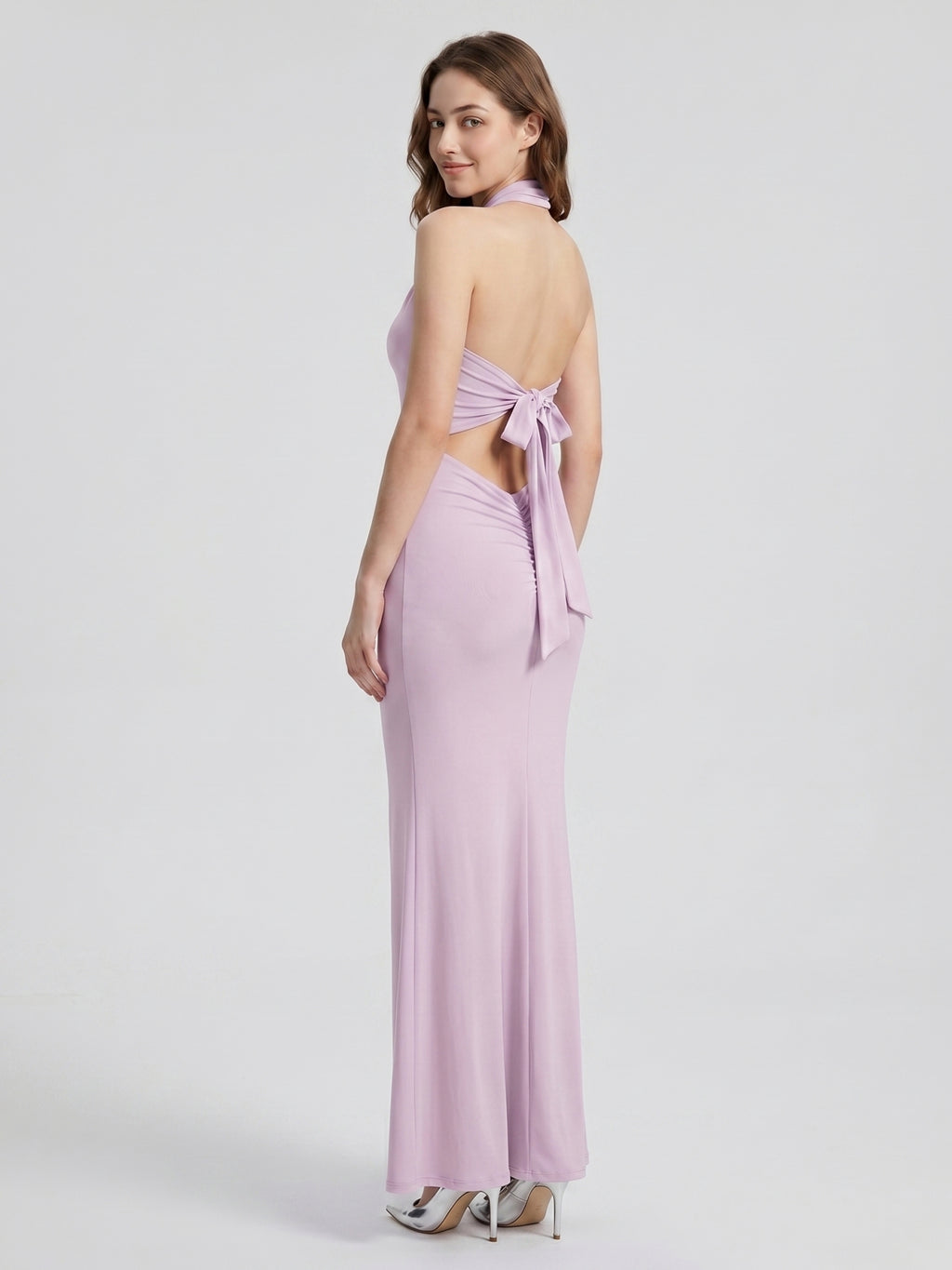 Lilac Matte Satin Mermaid Halter Neckline Backless Floor-Length Bridesmaid Dress with Bow
