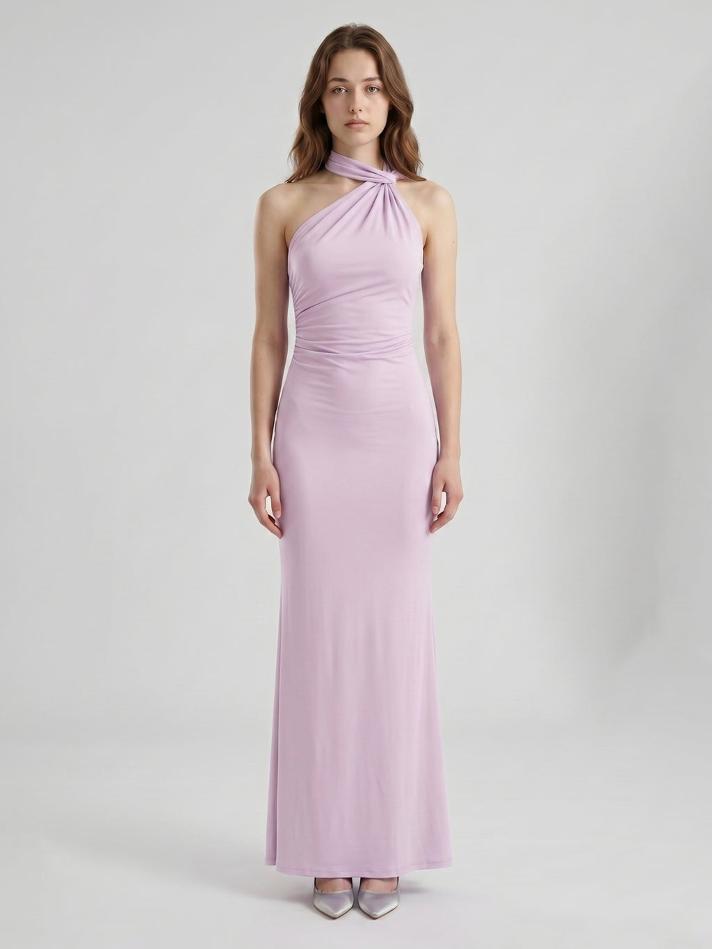 Lilac Matte Satin Mermaid Halter Neckline Backless Floor-Length Bridesmaid Dress with Bow