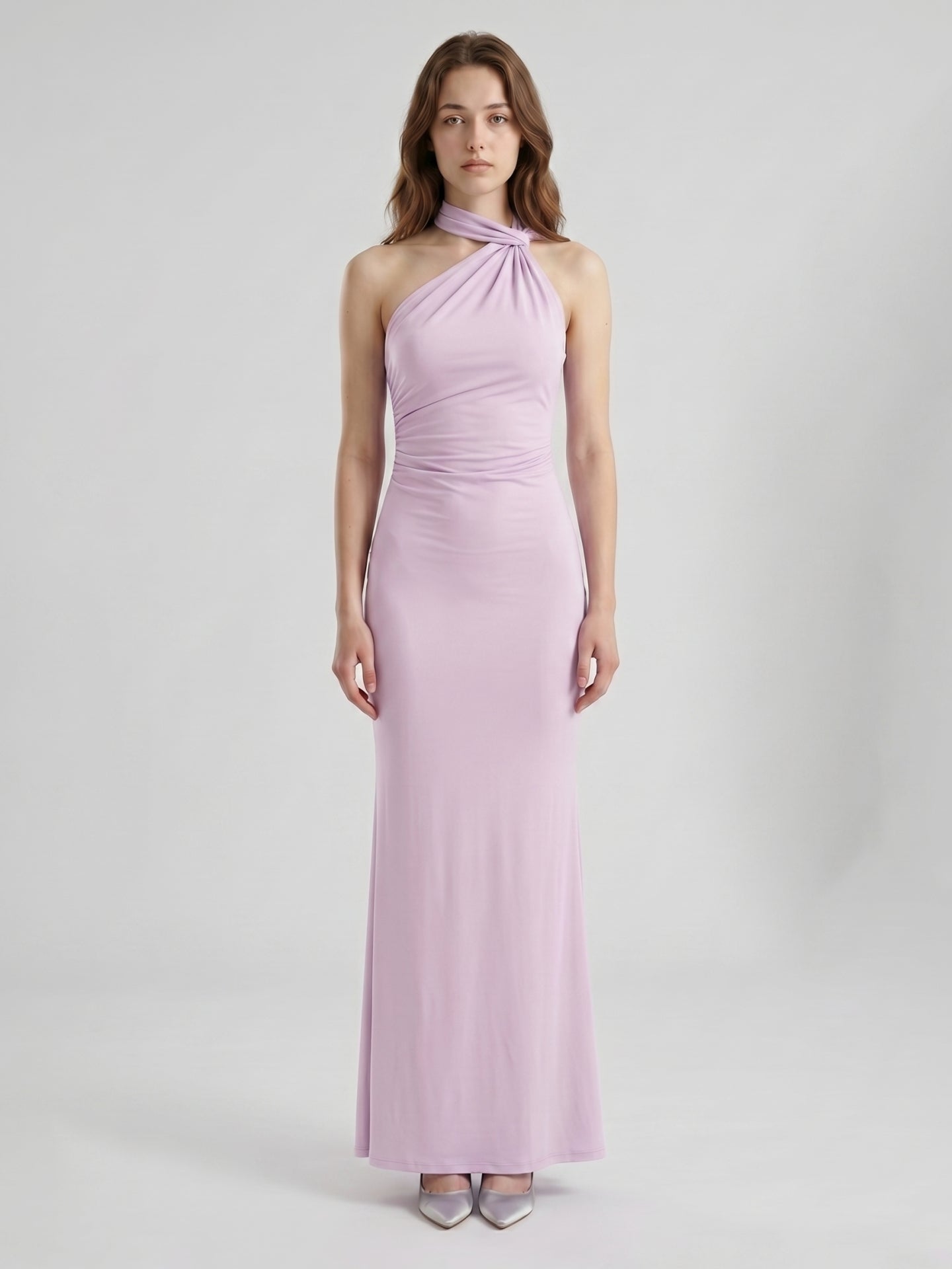 Lilac Matte Satin Mermaid Halter Neckline Backless Floor-Length Bridesmaid Dress with Bow