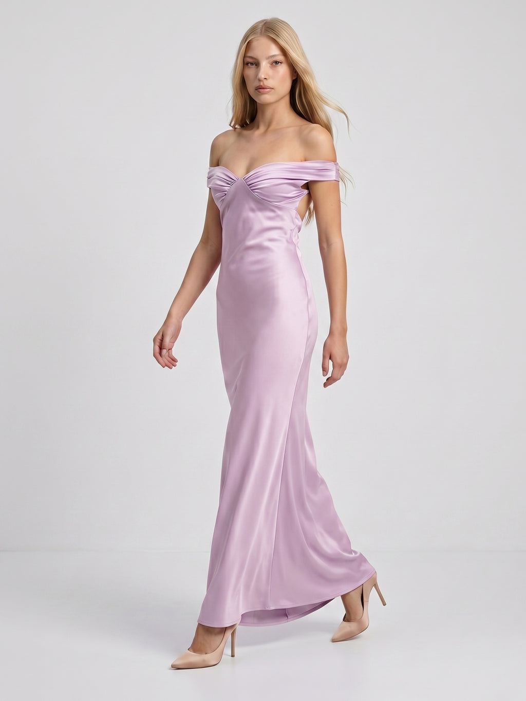 Lilac Satin Mermaid Off-the-Shoulder Backless Floor-Length Bridesmaid Dress