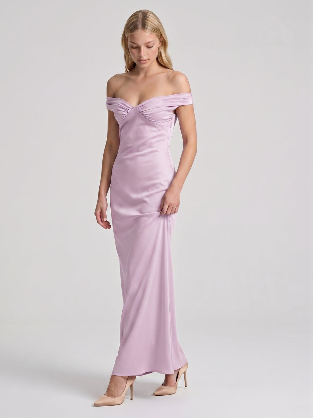 Lilac Satin Mermaid Off-the-Shoulder Backless Floor-Length Bridesmaid Dress