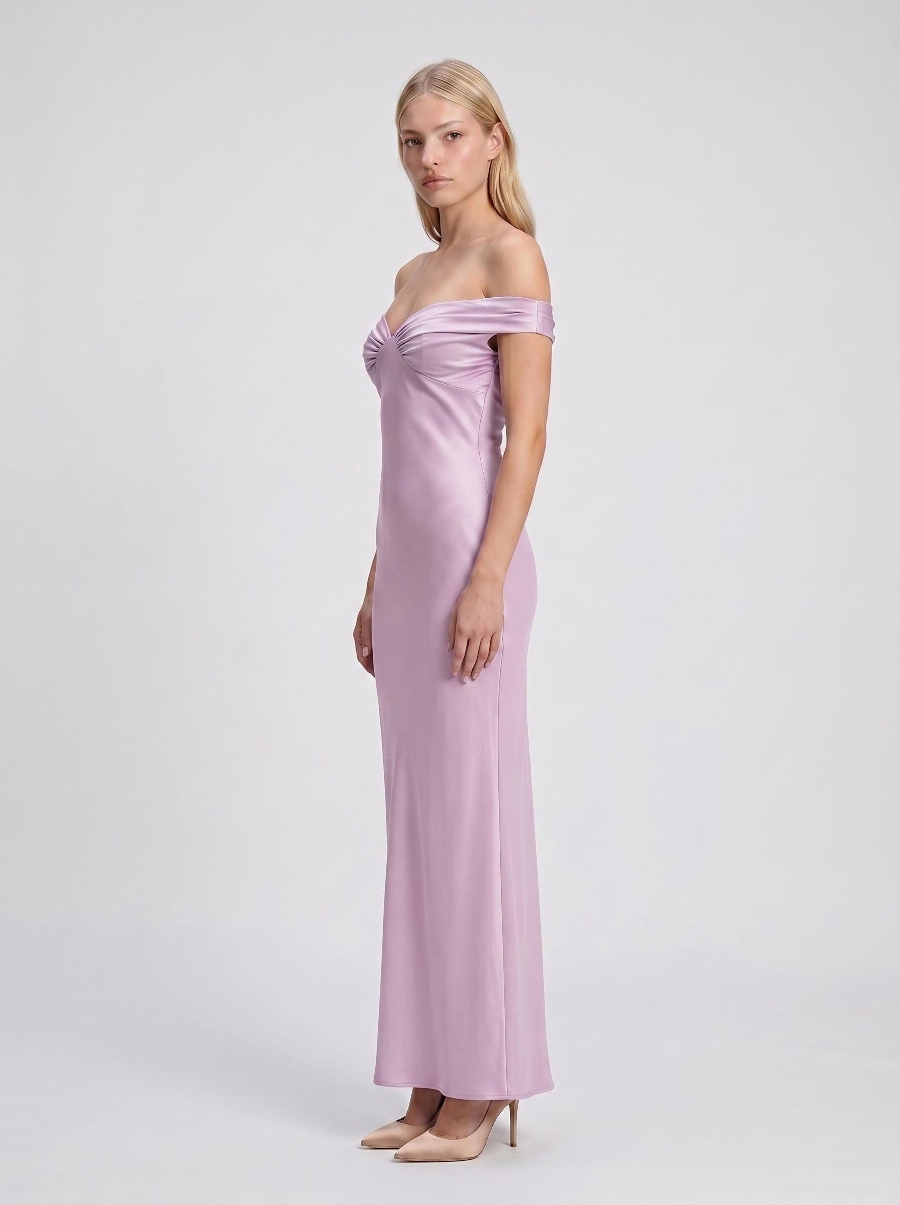 Lilac Satin Mermaid Off-the-Shoulder Backless Floor-Length Bridesmaid Dress
