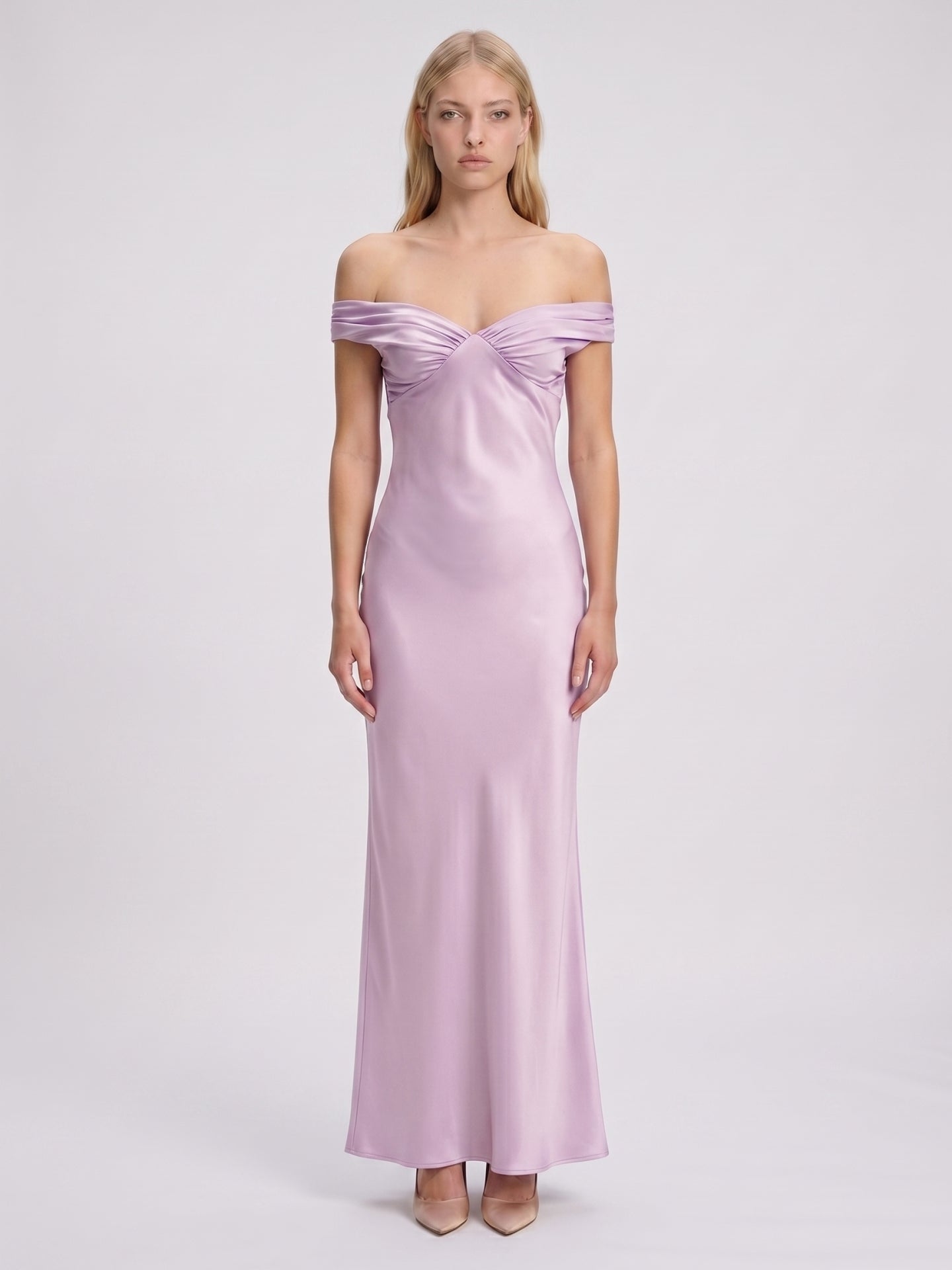 Lilac Satin Mermaid Off-the-Shoulder Backless Floor-Length Bridesmaid Dress