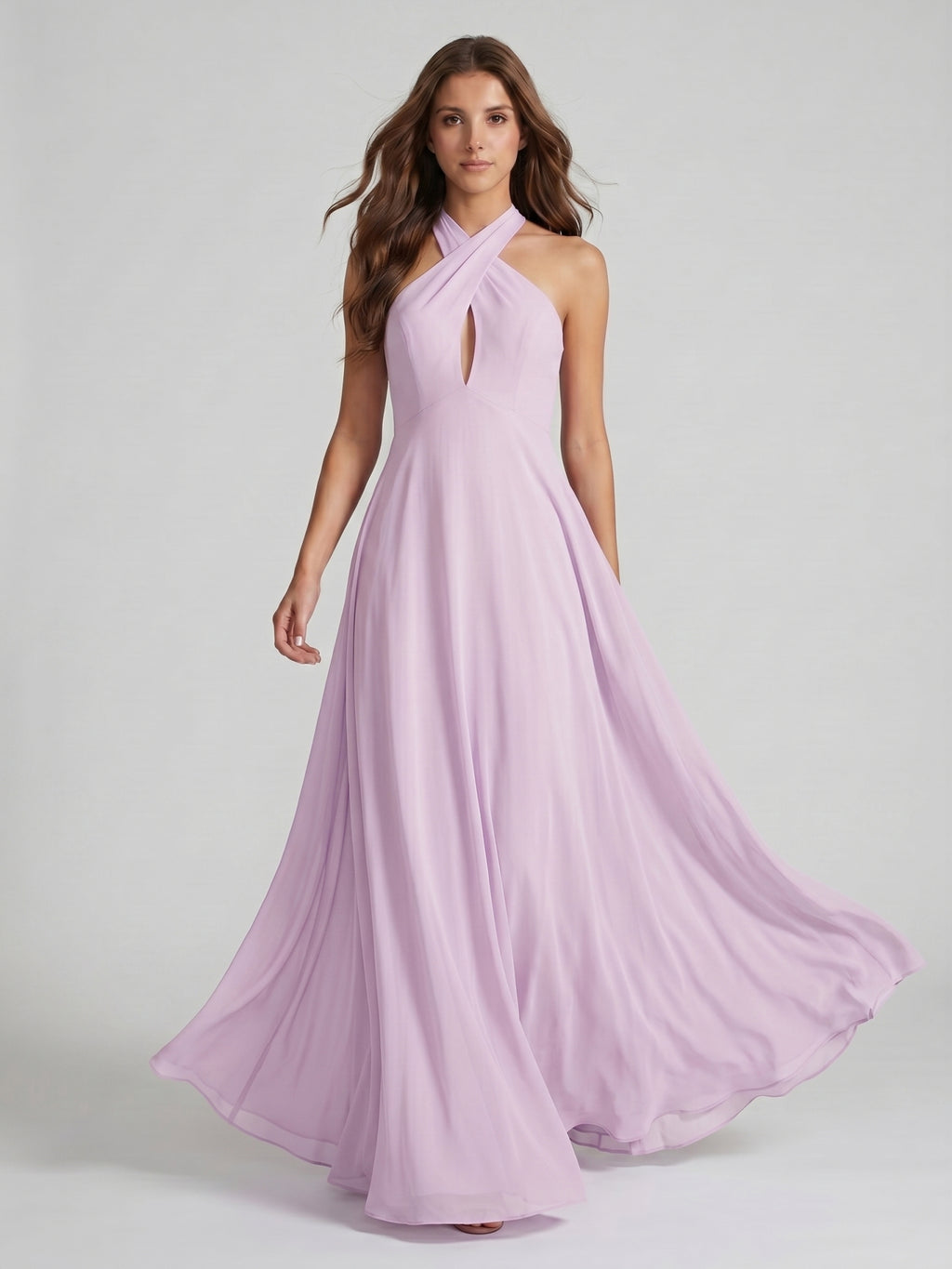 Lilac Chiffon A-Line Halter Neckline Back Zip Floor-Length Bridesmaid Dress with Bow