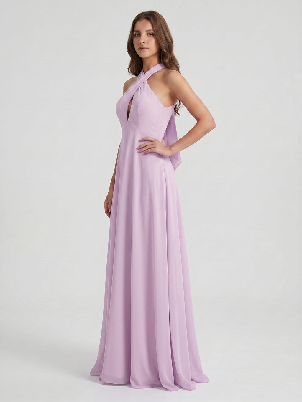 Lilac Chiffon A-Line Halter Neckline Back Zip Floor-Length Bridesmaid Dress with Bow