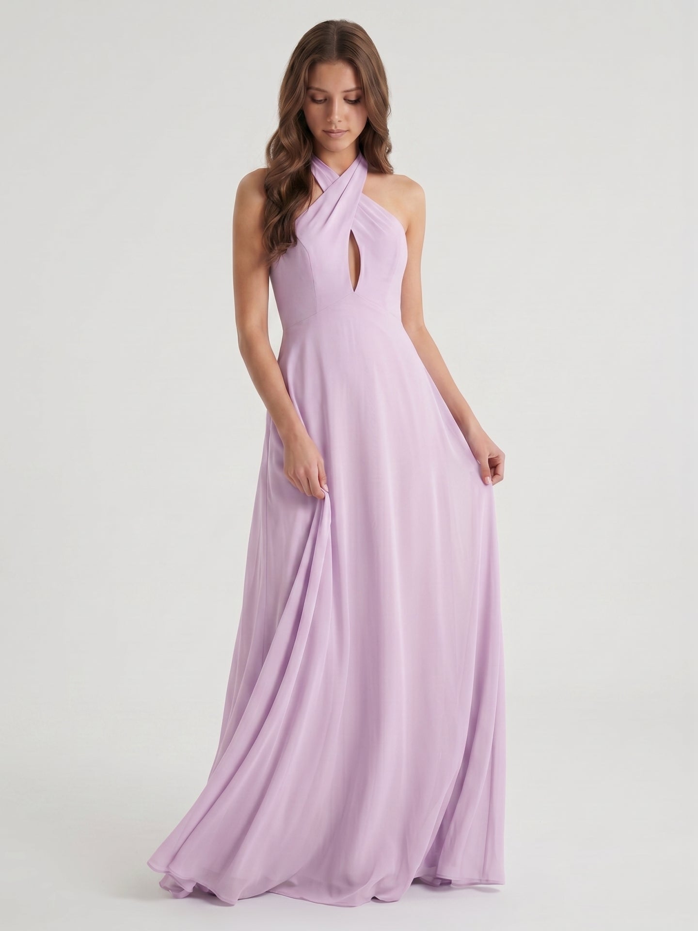 Lilac Chiffon A-Line Halter Neckline Back Zip Floor-Length Bridesmaid Dress with Bow
