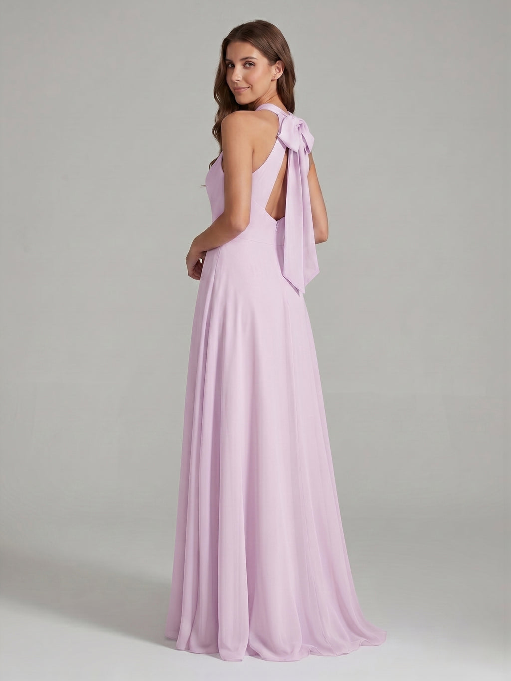 Lilac Chiffon A-Line Halter Neckline Back Zip Floor-Length Bridesmaid Dress with Bow