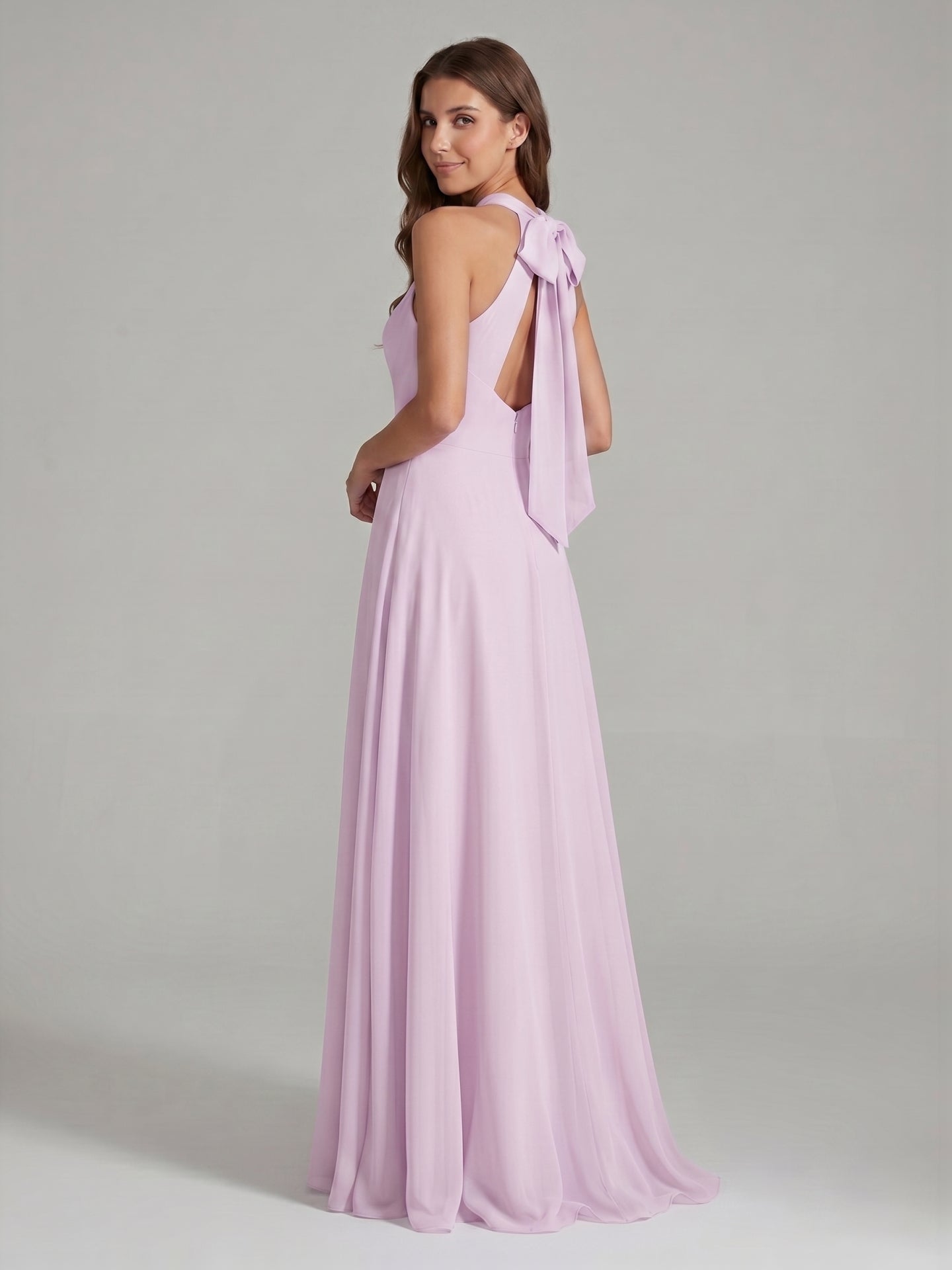 Lilac Chiffon A-Line Halter Neckline Back Zip Floor-Length Bridesmaid Dress with Bow