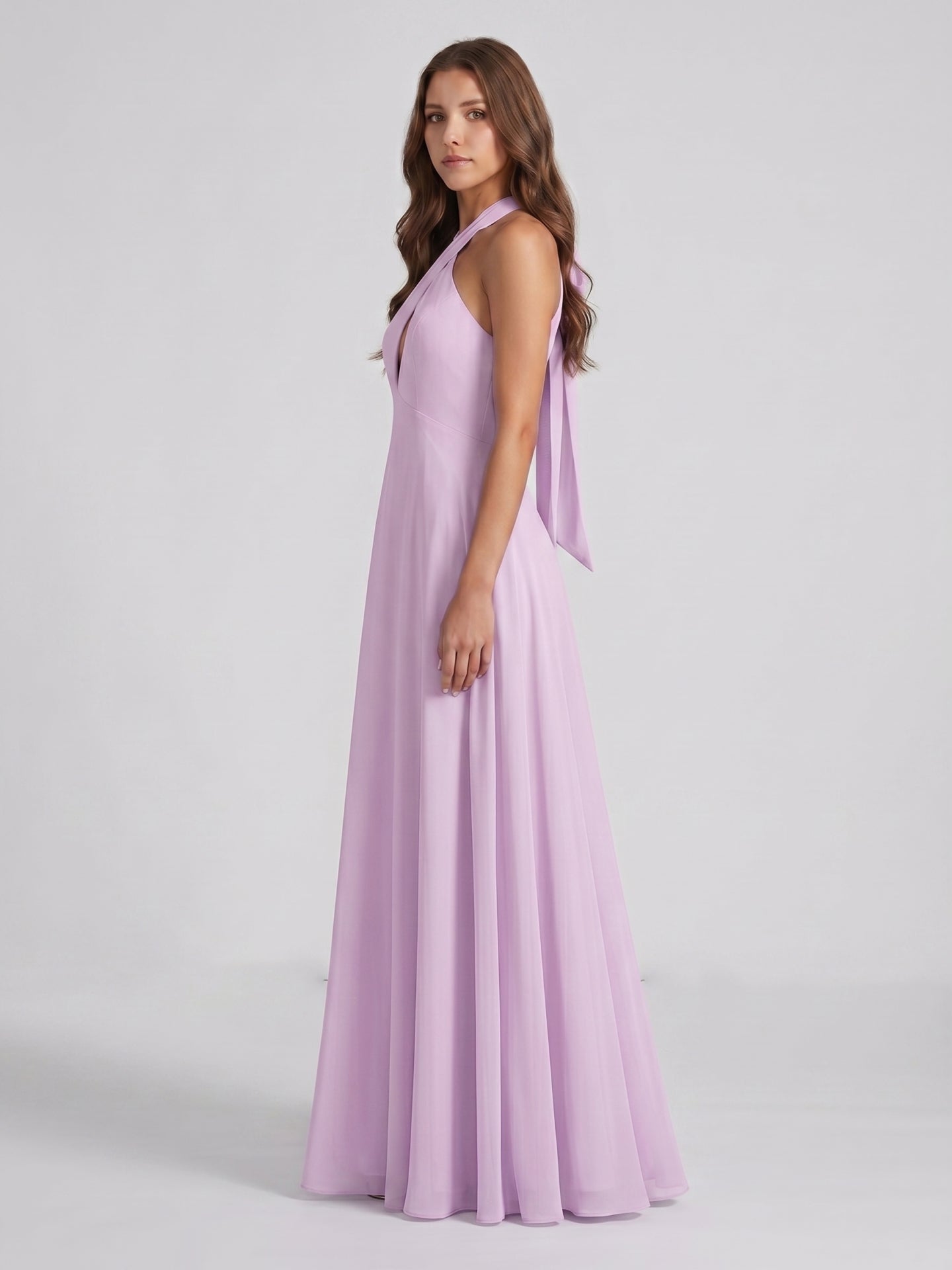Lilac Chiffon A-Line Halter Neckline Back Zip Floor-Length Bridesmaid Dress with Bow
