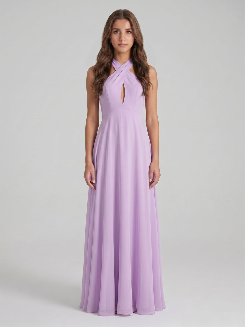Lilac Chiffon A-Line Halter Neckline Back Zip Floor-Length Bridesmaid Dress with Bow