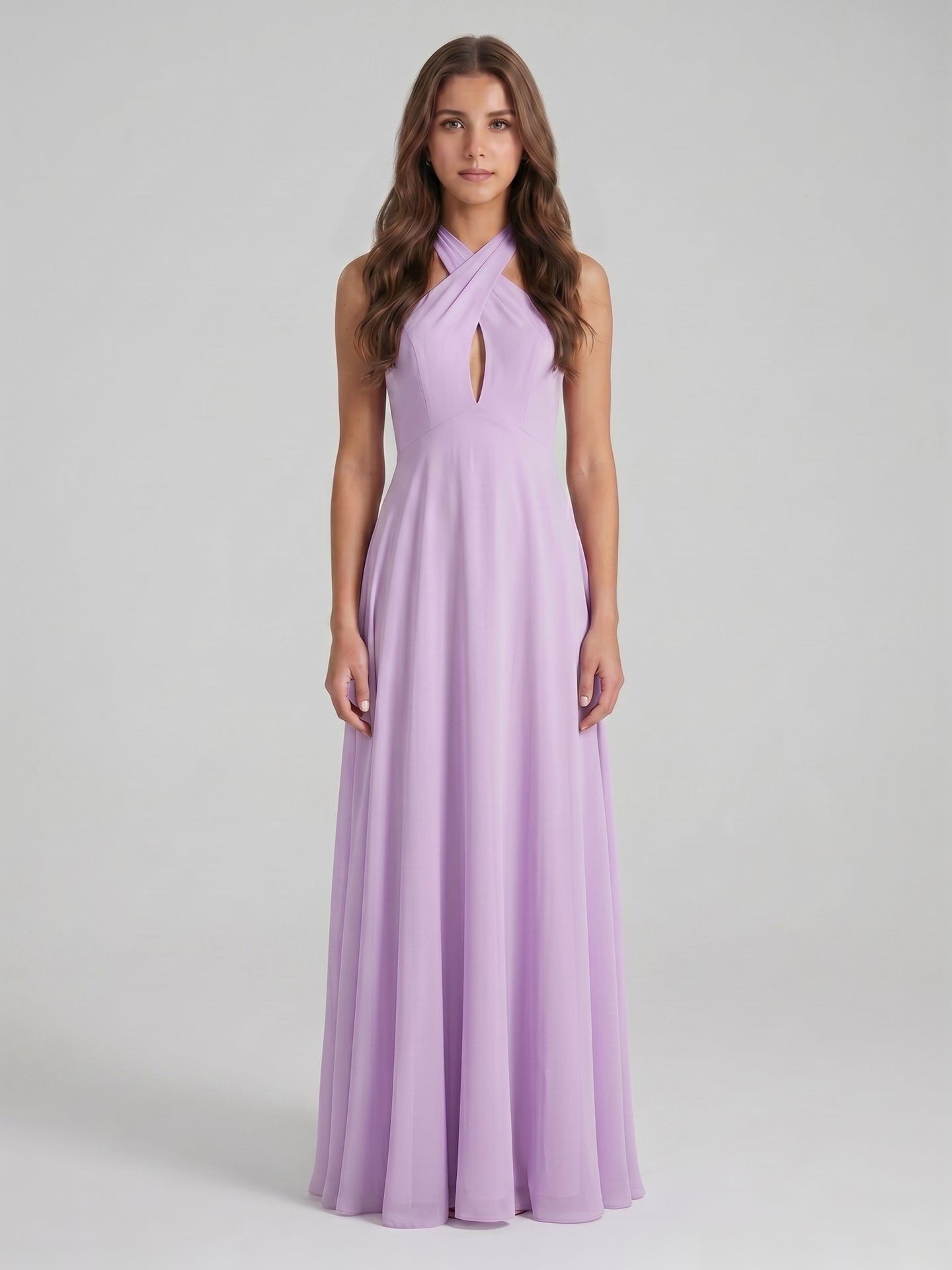 Lilac Chiffon A-Line Halter Neckline Back Zip Floor-Length Bridesmaid Dress with Bow