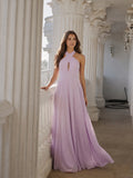 Lilac Chiffon A-Line Halter Neckline Back Zip Floor-Length Bridesmaid Dress with Bow