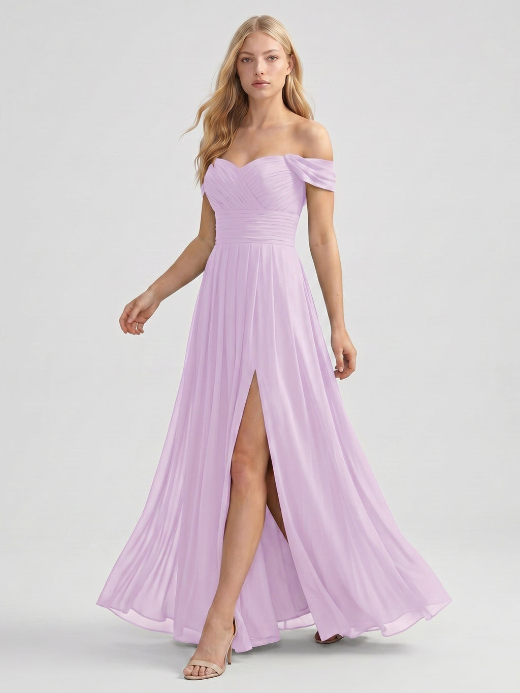Lilac Chiffon A-Line Off-the-Shoulder Back Zip Floor-Length Bridesmaid Dress