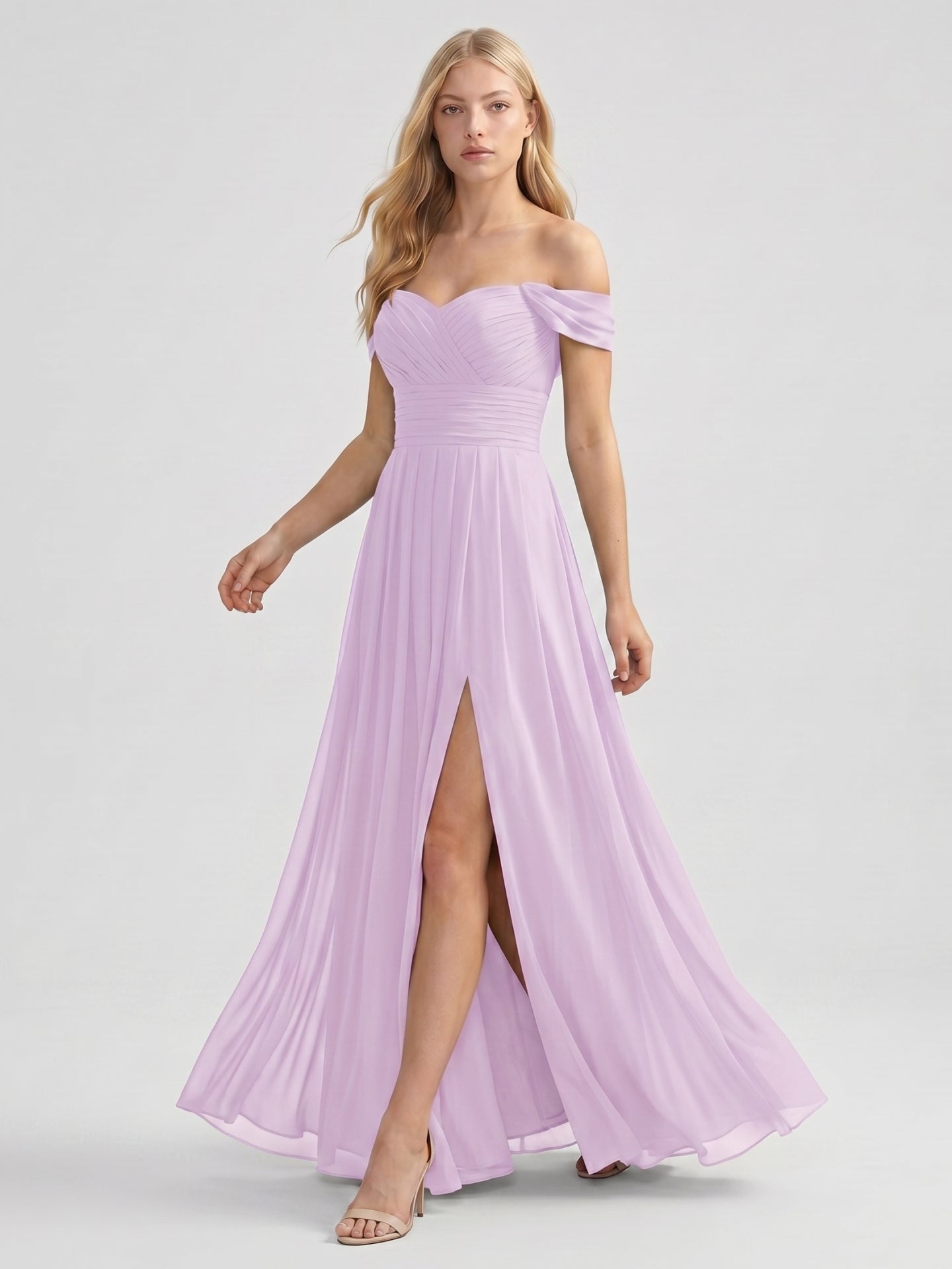 Lilac Chiffon A-Line Off-the-Shoulder Back Zip Floor-Length Bridesmaid Dress