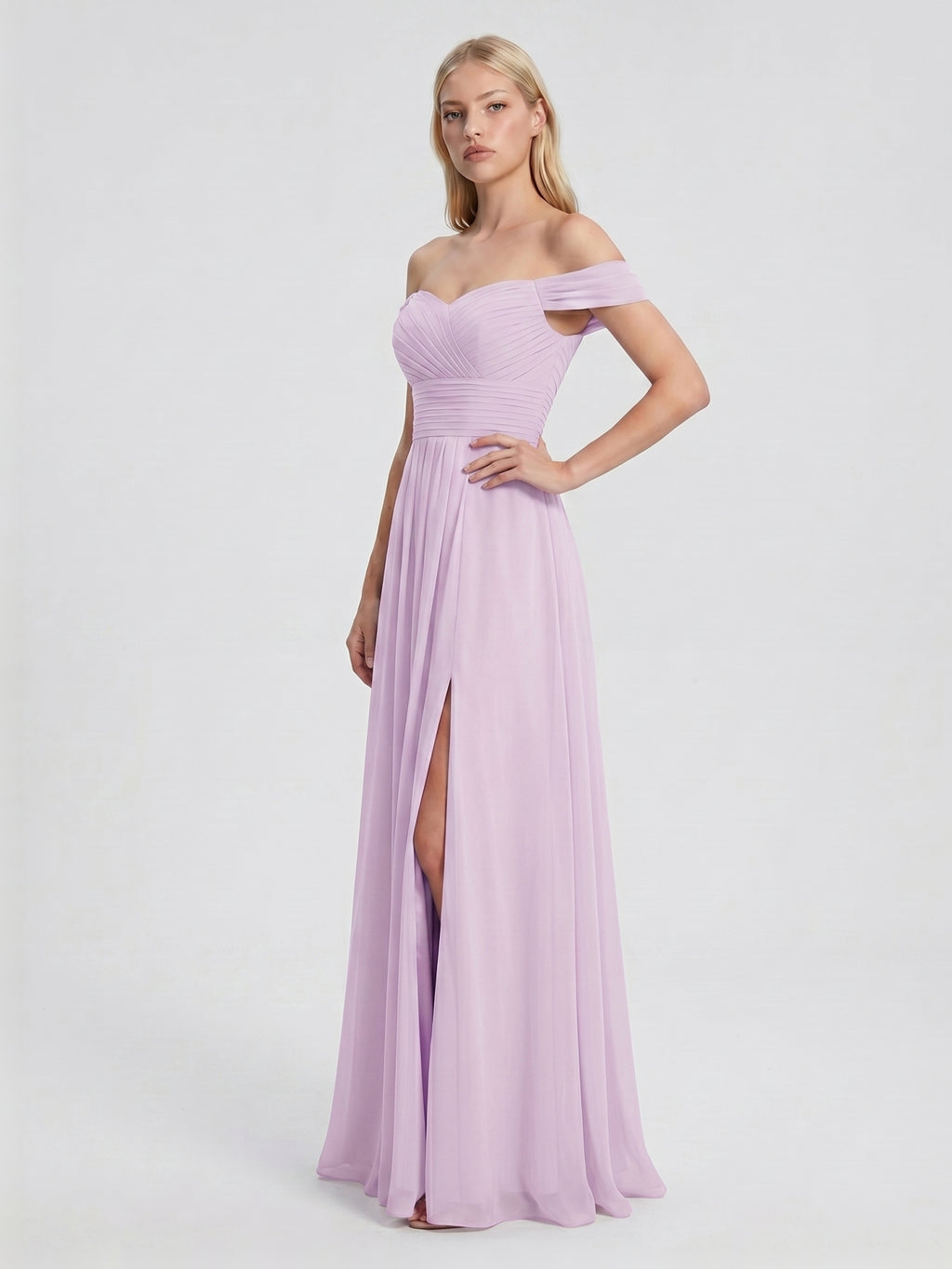 Lilac Chiffon A-Line Off-the-Shoulder Back Zip Floor-Length Bridesmaid Dress