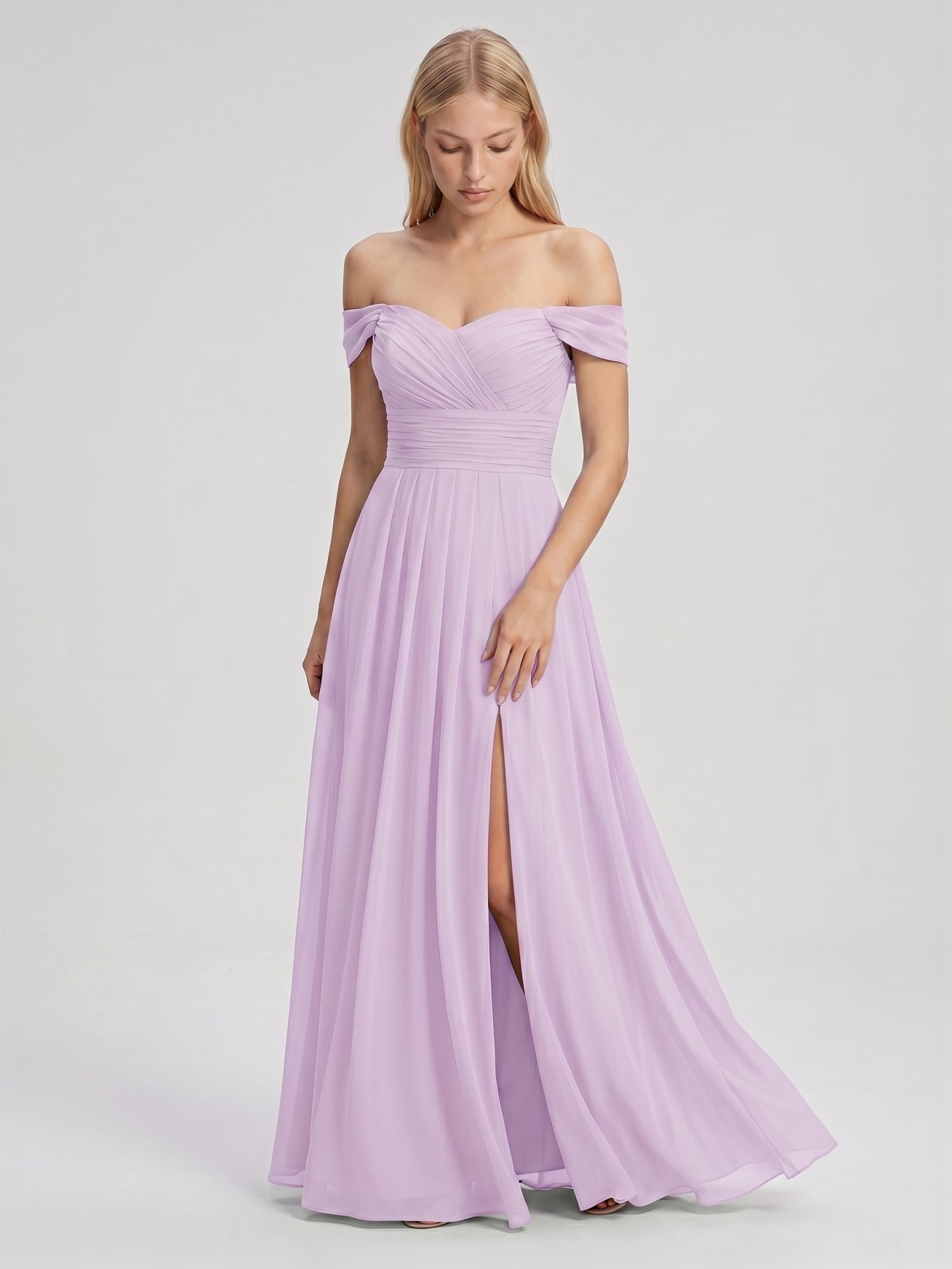 Lilac Chiffon A-Line Off-the-Shoulder Back Zip Floor-Length Bridesmaid Dress