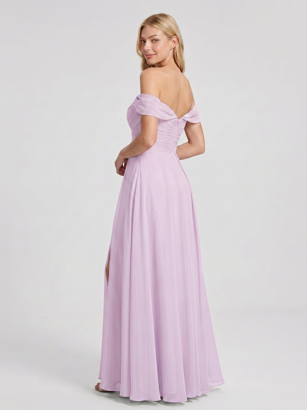 Lilac Chiffon A-Line Off-the-Shoulder Back Zip Floor-Length Bridesmaid Dress