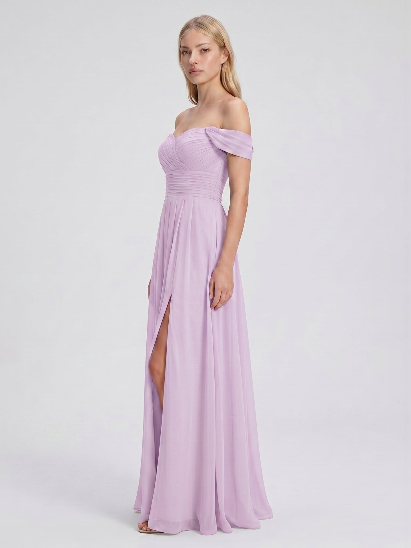 Lilac Chiffon A-Line Off-the-Shoulder Back Zip Floor-Length Bridesmaid Dress