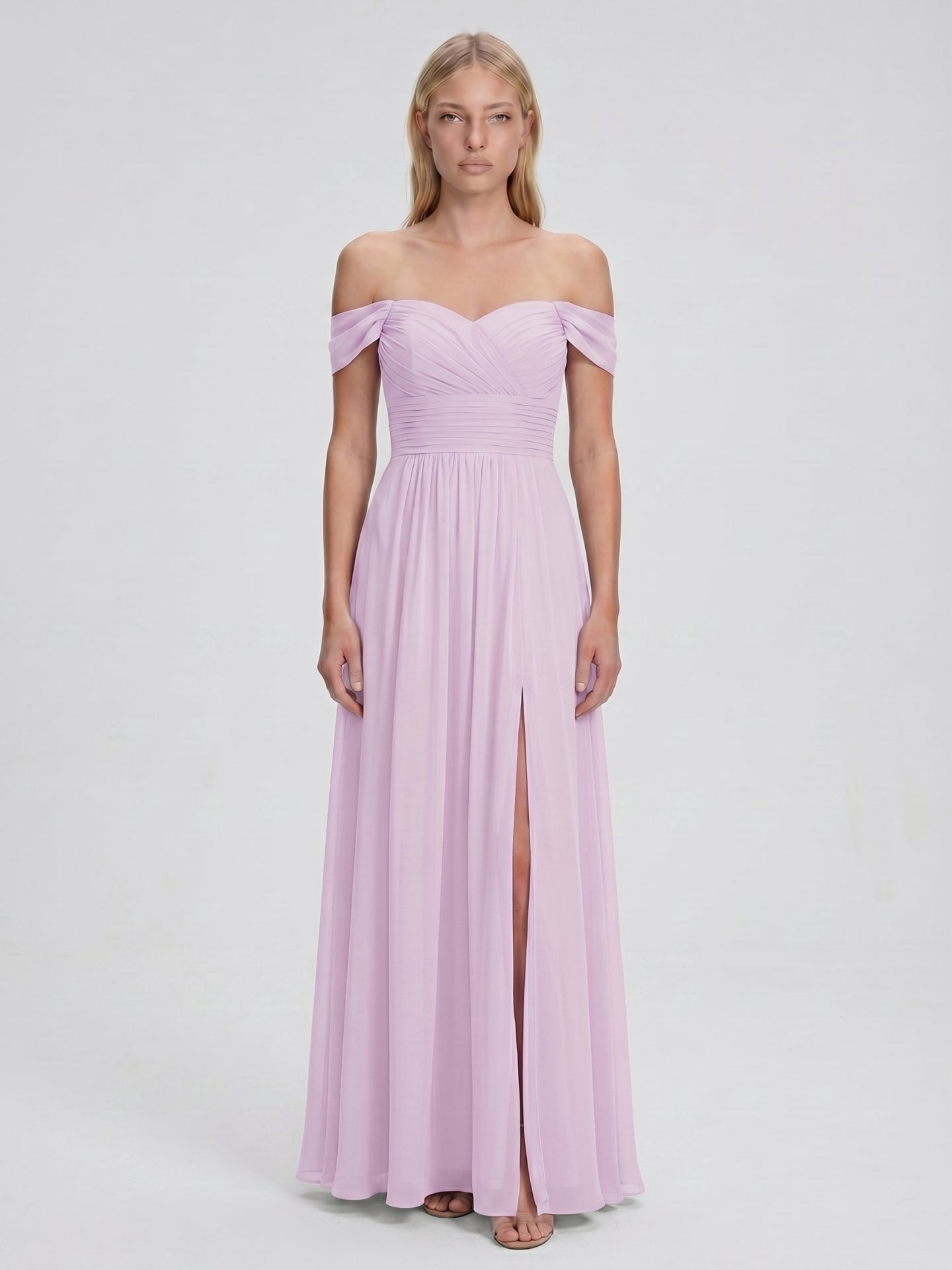 Lilac Chiffon A-Line Off-the-Shoulder Back Zip Floor-Length Bridesmaid Dress