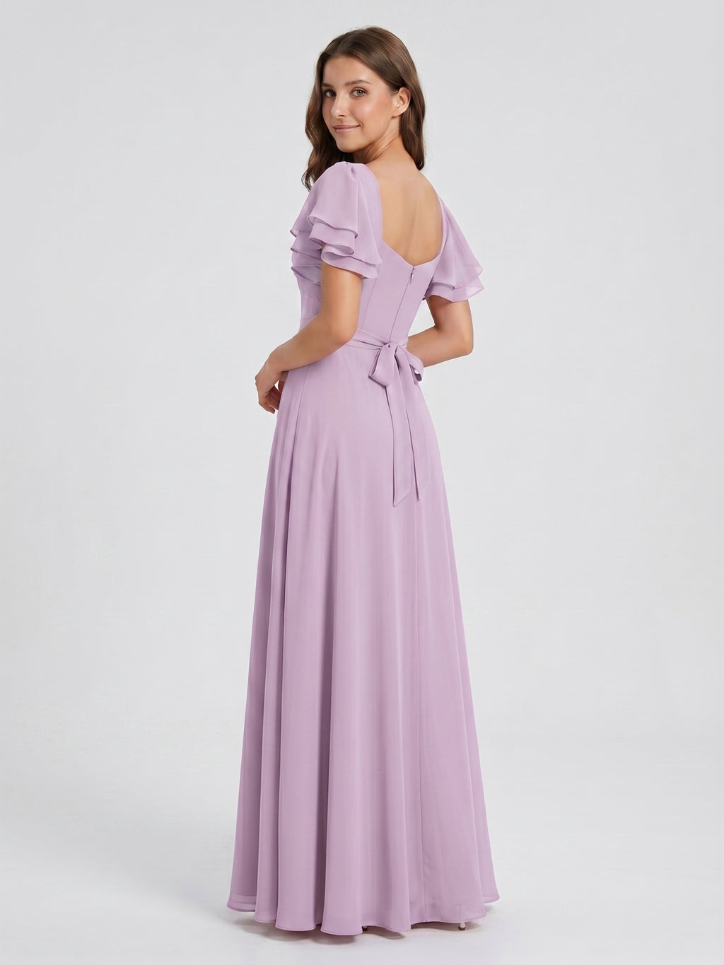 Lilac Chiffon A-Line Square Neck Back Zip Floor-Length Bridesmaid Dress