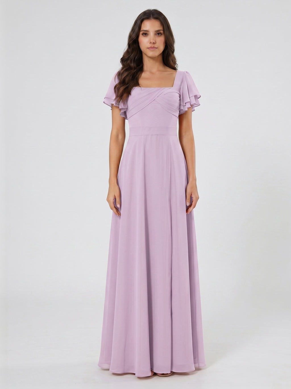 Lilac Chiffon A-Line Square Neck Back Zip Floor-Length Bridesmaid Dress