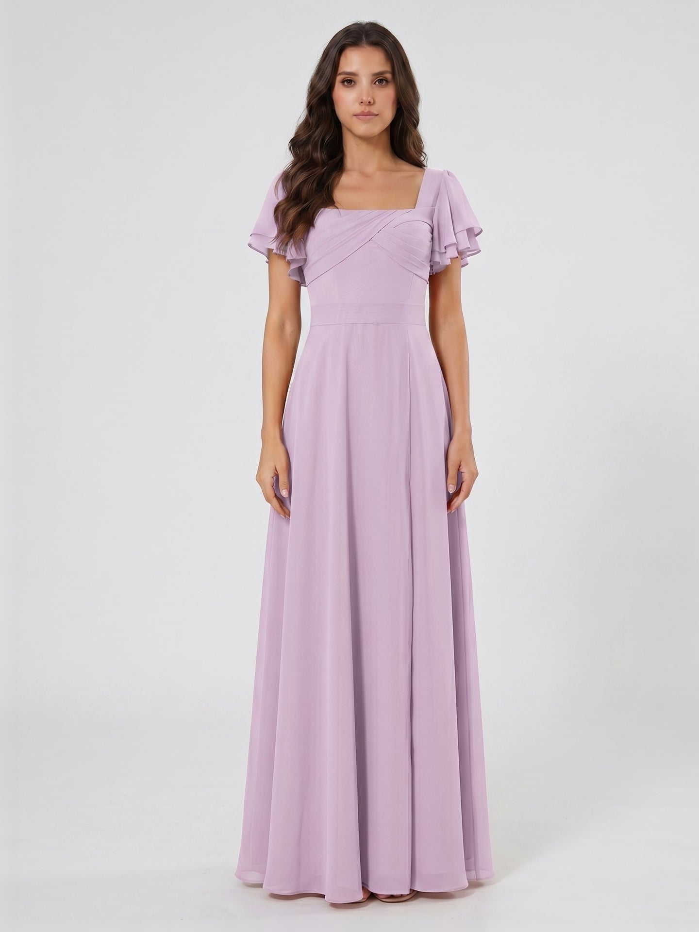 Lilac Chiffon A-Line Square Neck Back Zip Floor-Length Bridesmaid Dress