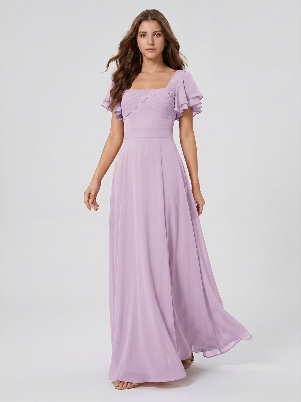Lilac Chiffon A-Line Square Neck Back Zip Floor-Length Bridesmaid Dress