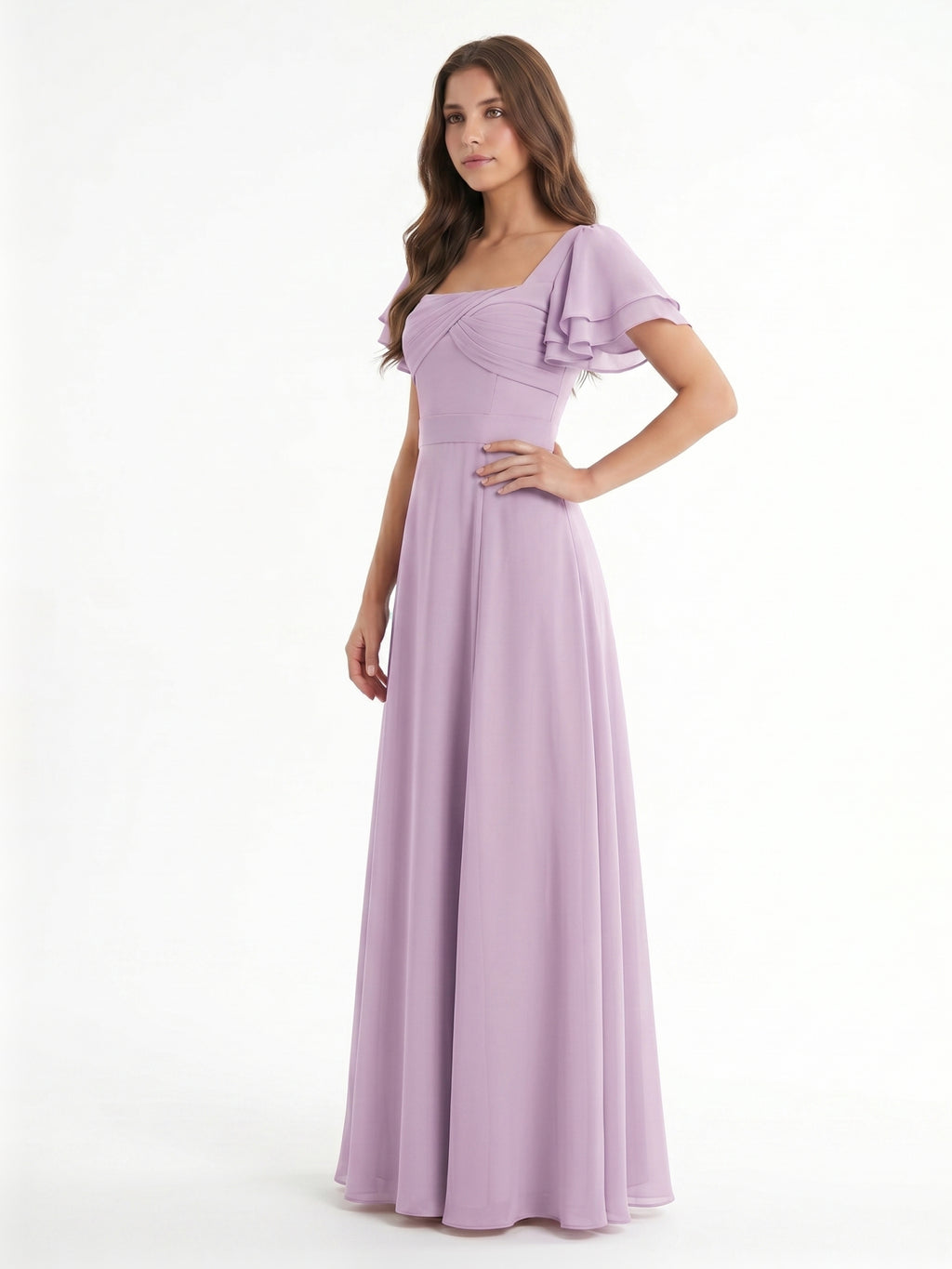 Lilac Chiffon A-Line Square Neck Back Zip Floor-Length Bridesmaid Dress