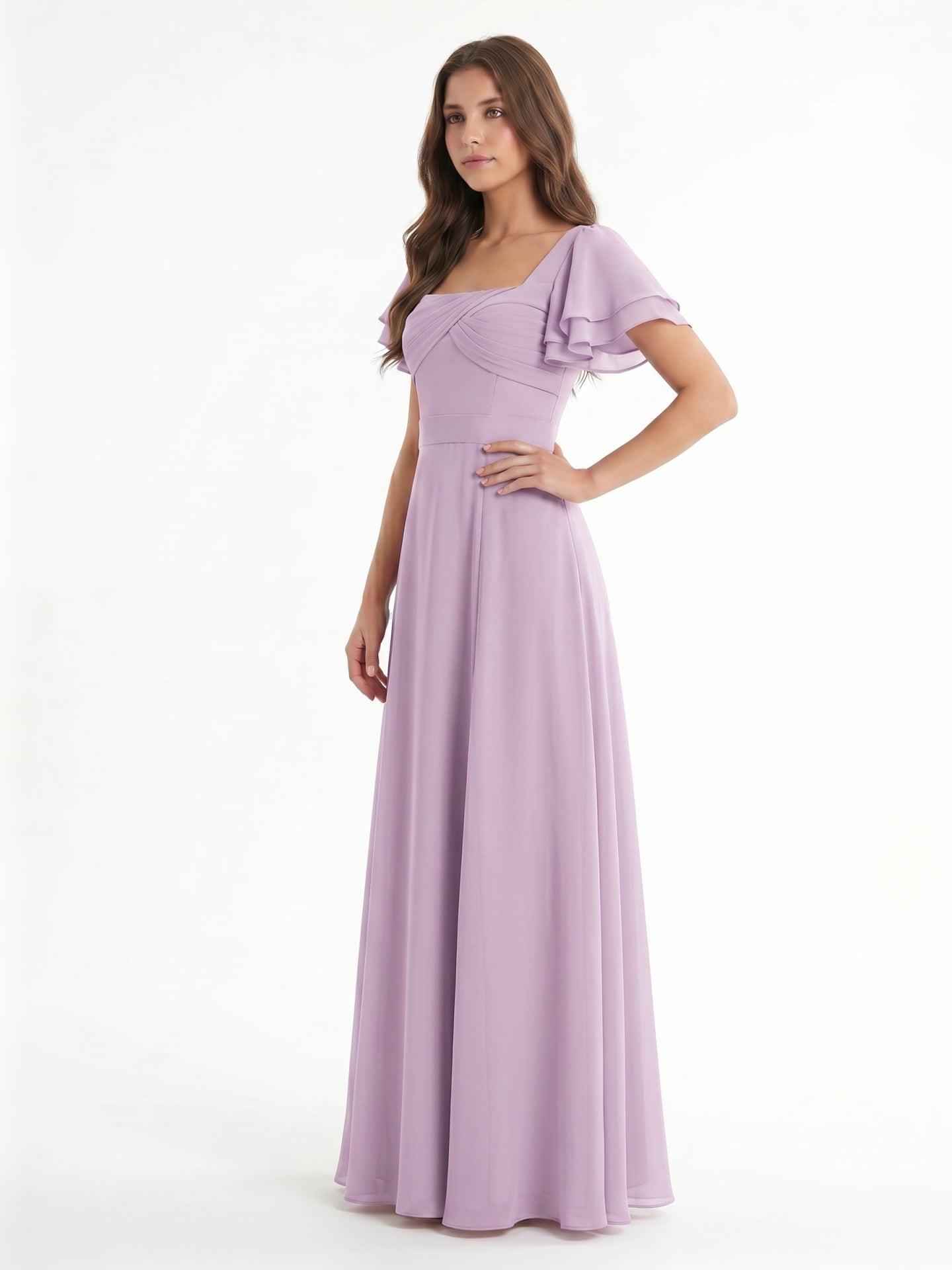 Lilac Chiffon A-Line Square Neck Back Zip Floor-Length Bridesmaid Dress