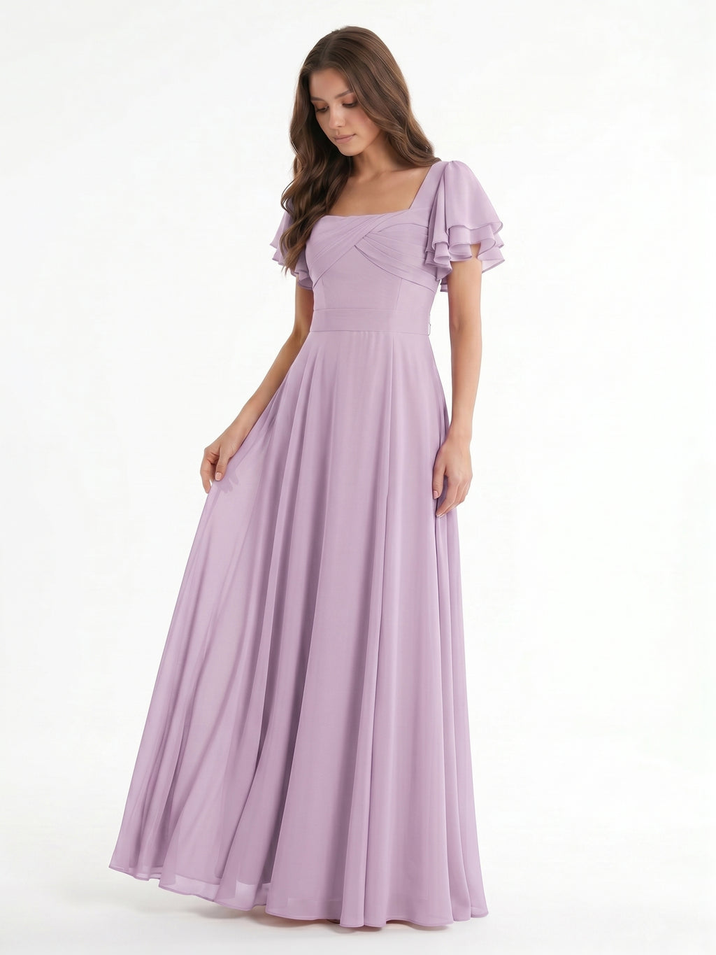 Lilac Chiffon A-Line Square Neck Back Zip Floor-Length Bridesmaid Dress