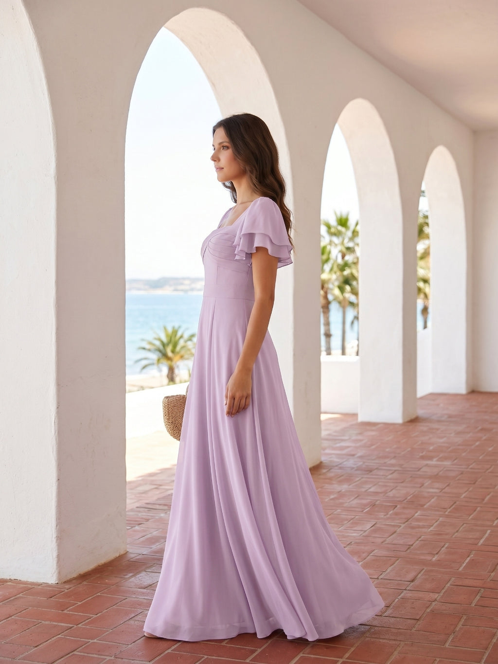 Lilac Chiffon A-Line Square Neck Back Zip Floor-Length Bridesmaid Dress
